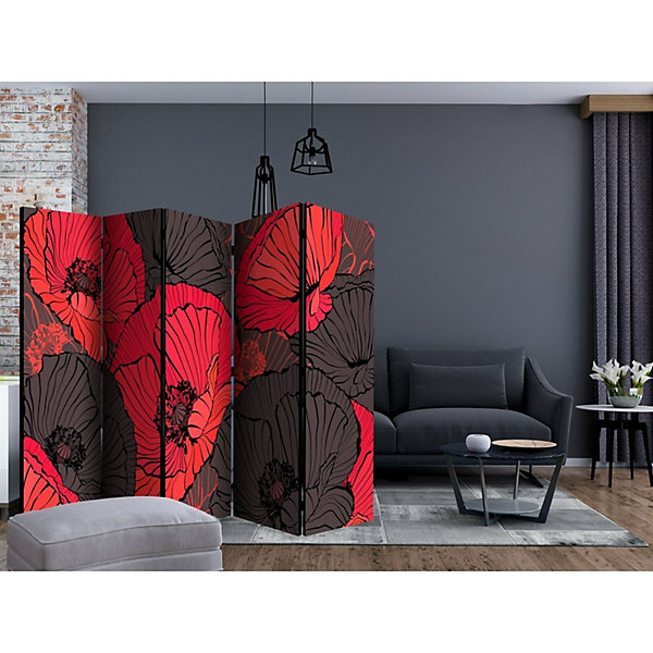 Paravent Plissé Coquelicots Design Moderne et élégant 5 Volets 225 x 172 cm Rouge et Bronze