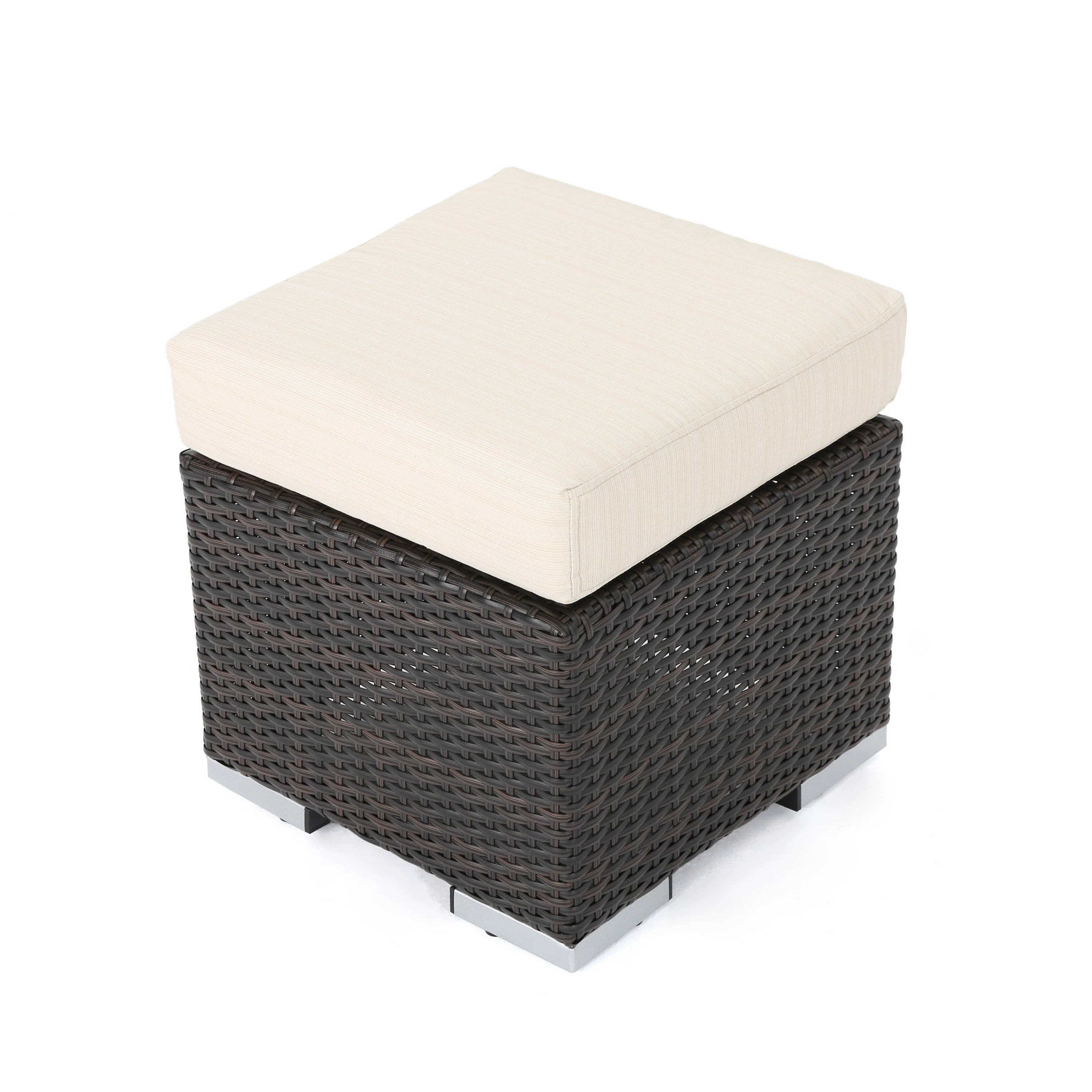 Sanie Ottoman, Beige Waterproof Seat, Brown Outdoor Rattan Wicker, 16 Inch