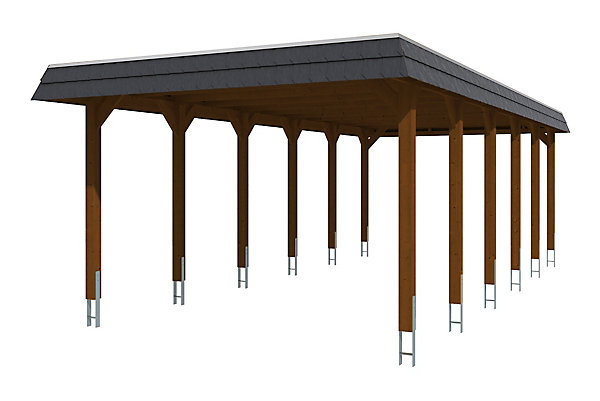 Carport SKAN HOLZ Spreewald 396x893cm, toit en aluminium, bandeau noir, bois résineux imprégné, traitement coloré noyer