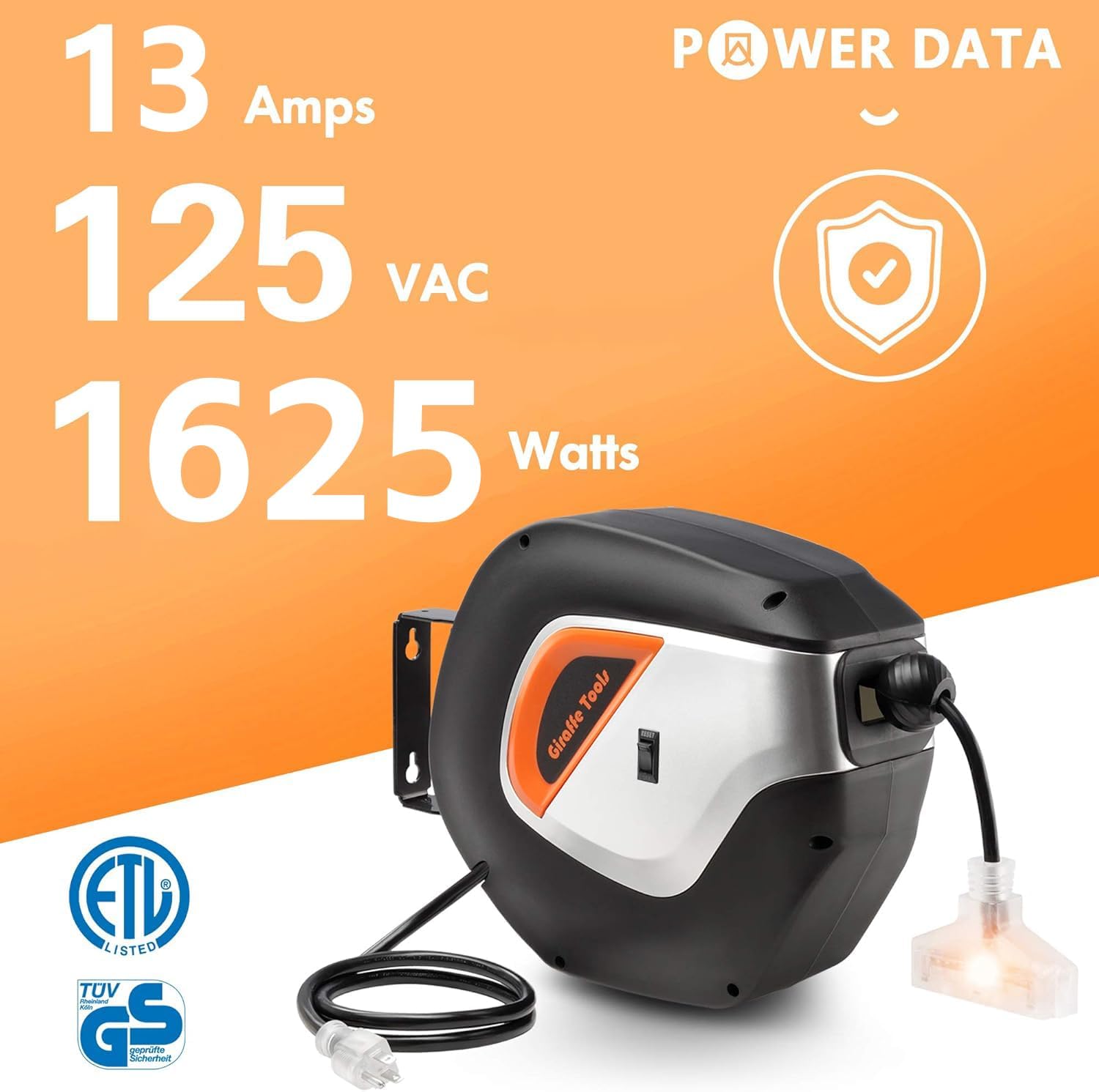 Giraffe Tools DE14 Retractable Extension Cord Reel 50 ft 14/3AWG Power Cord Storage Reel Wall/Ceiling Mount, Lighted Triple Tap Outlet, 50ft, Black Orange