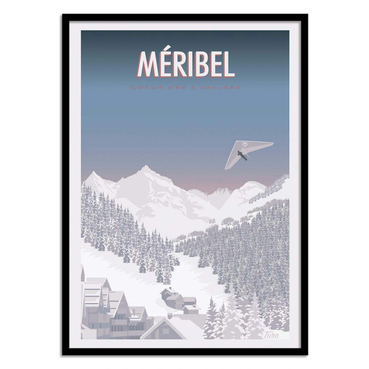 TUROMEMORIESSTUDIO - MÉRIBEL - TURO - Affiche d'art avec Cadre bois noir - 30 x 40 cm