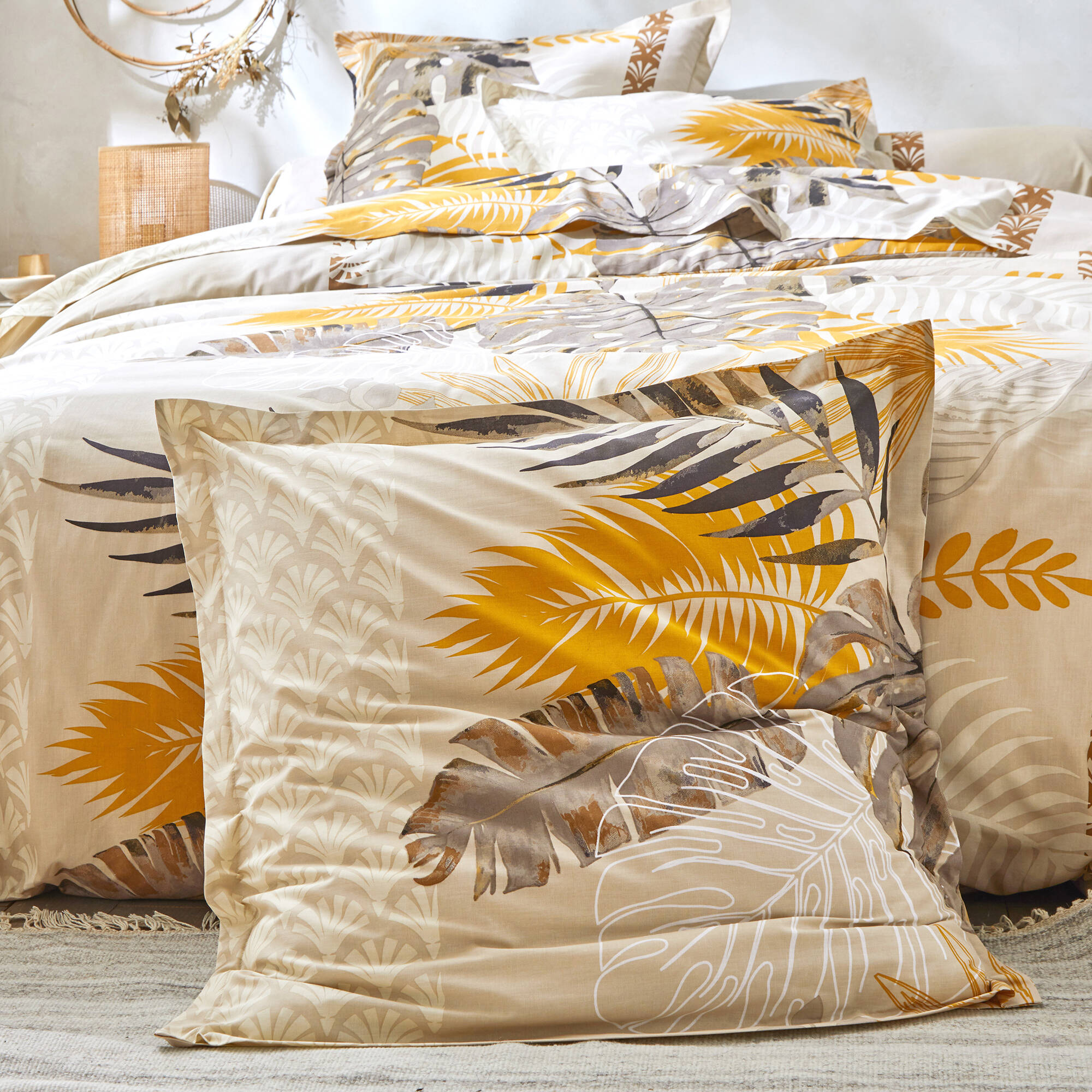 Linge de lit Cayenne en coton imprimé feuilles de palmiers