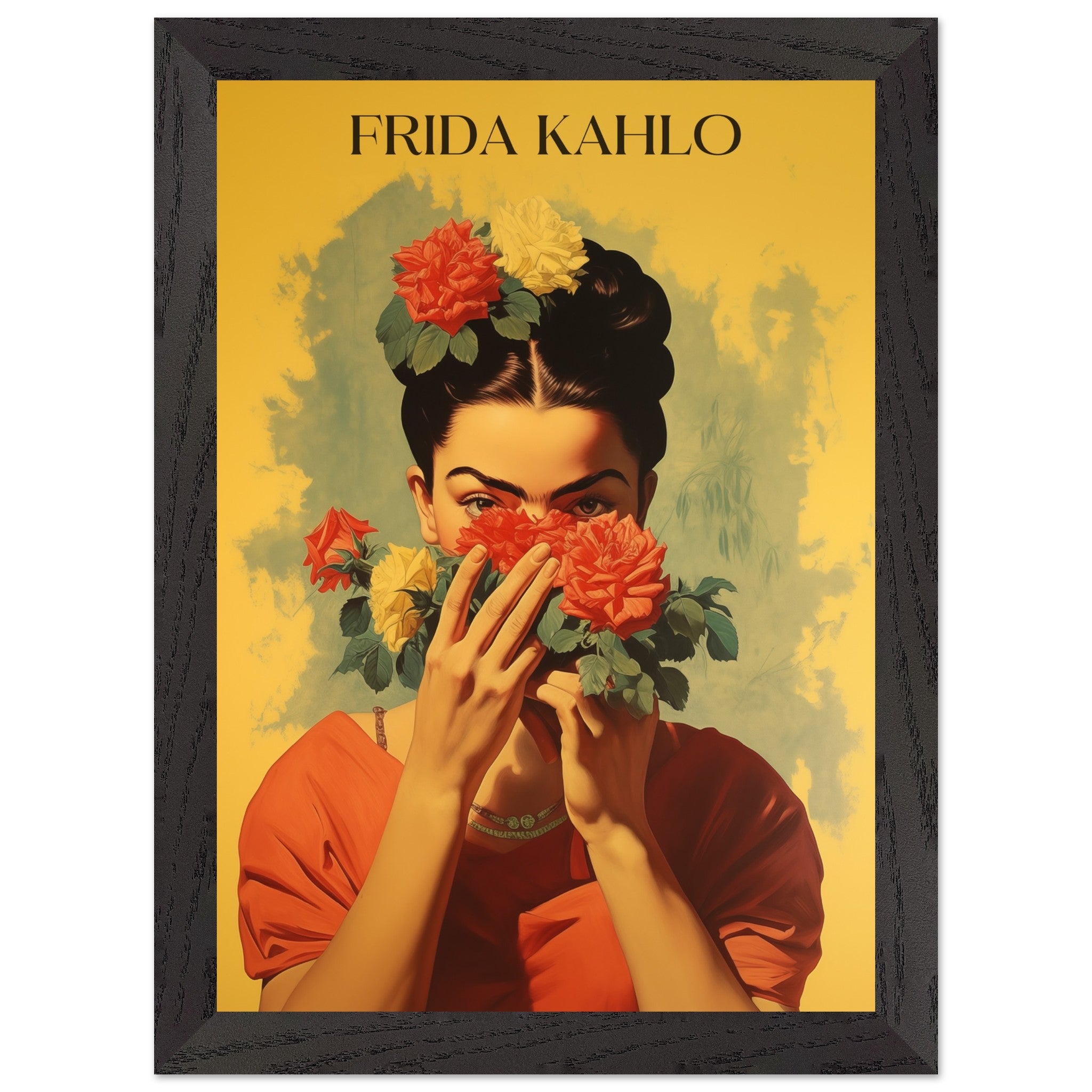 Artfulprints Poster met Lijst Frida Kahlo - Behind the bloom  - A4 21x29.7 cm - Geel