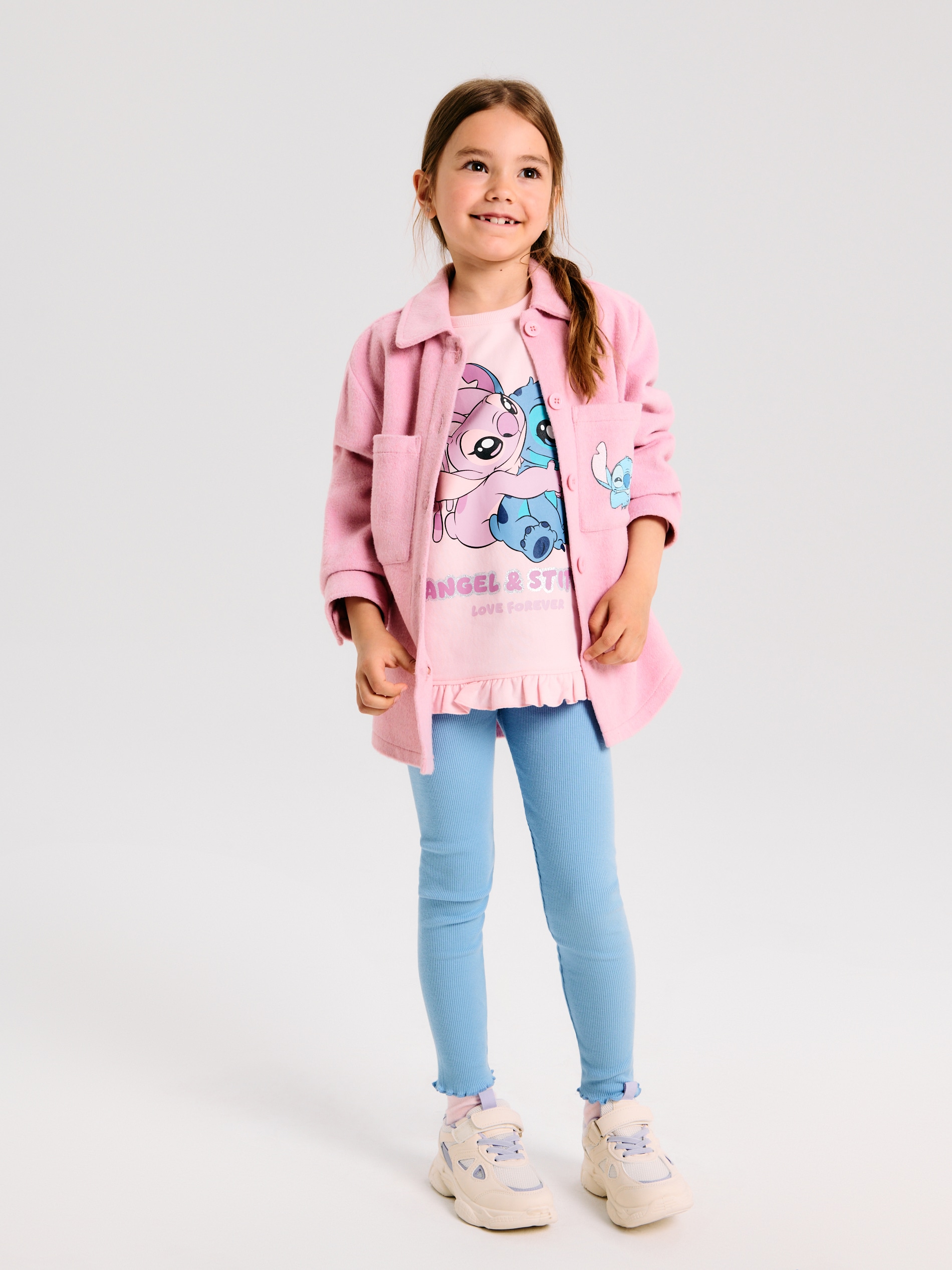 Luźna kurtka koszulowa z nadrukiem na plecach Stitch
