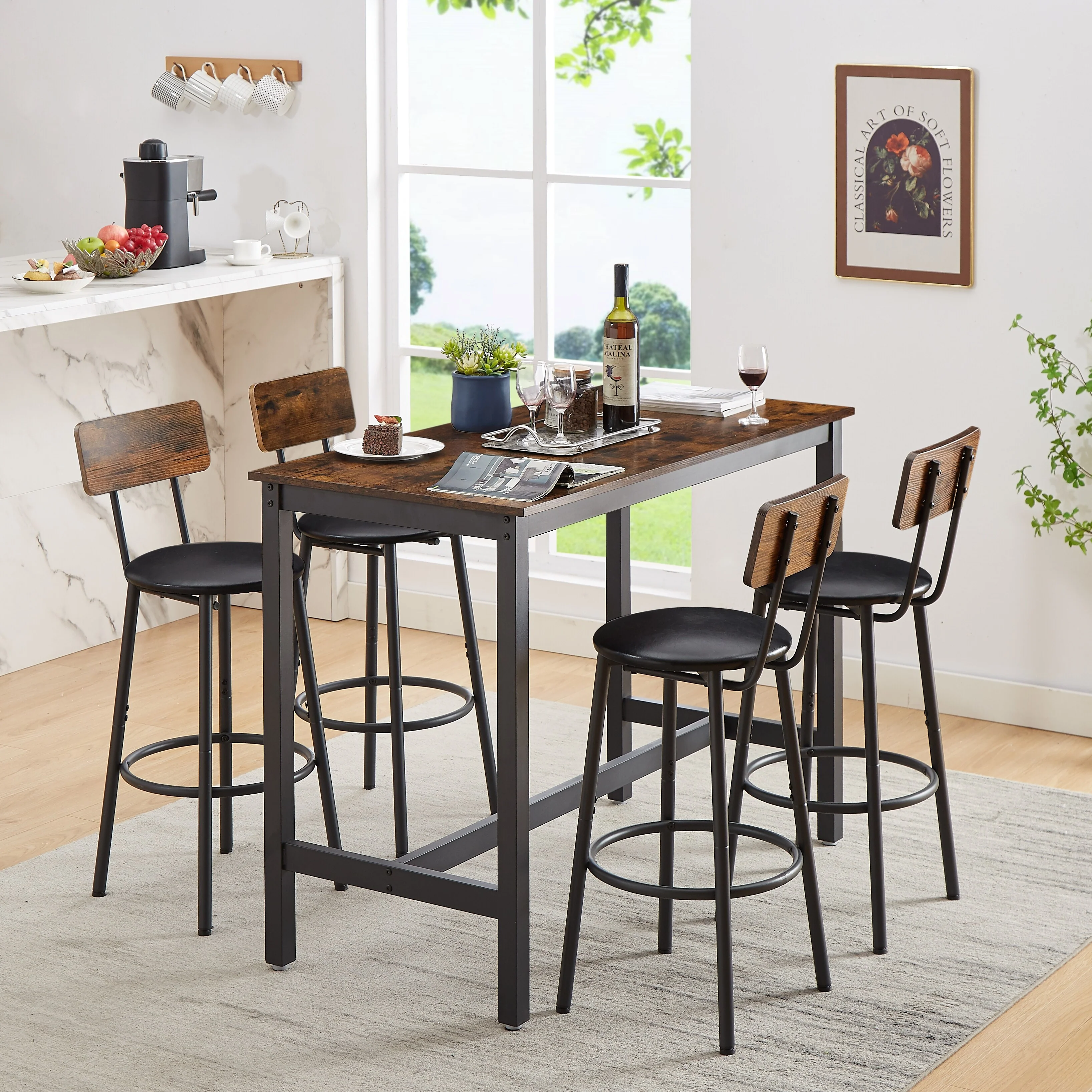 Brown 5-Piece Metal Frame Bar Dining Table Set with 4 Bar Stools