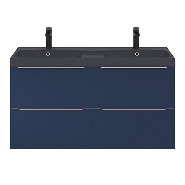 Meuble vasque suspendu bleu nuit mat l.120 cm Imandra   plan double vasque noir résine Mila, GoodHome