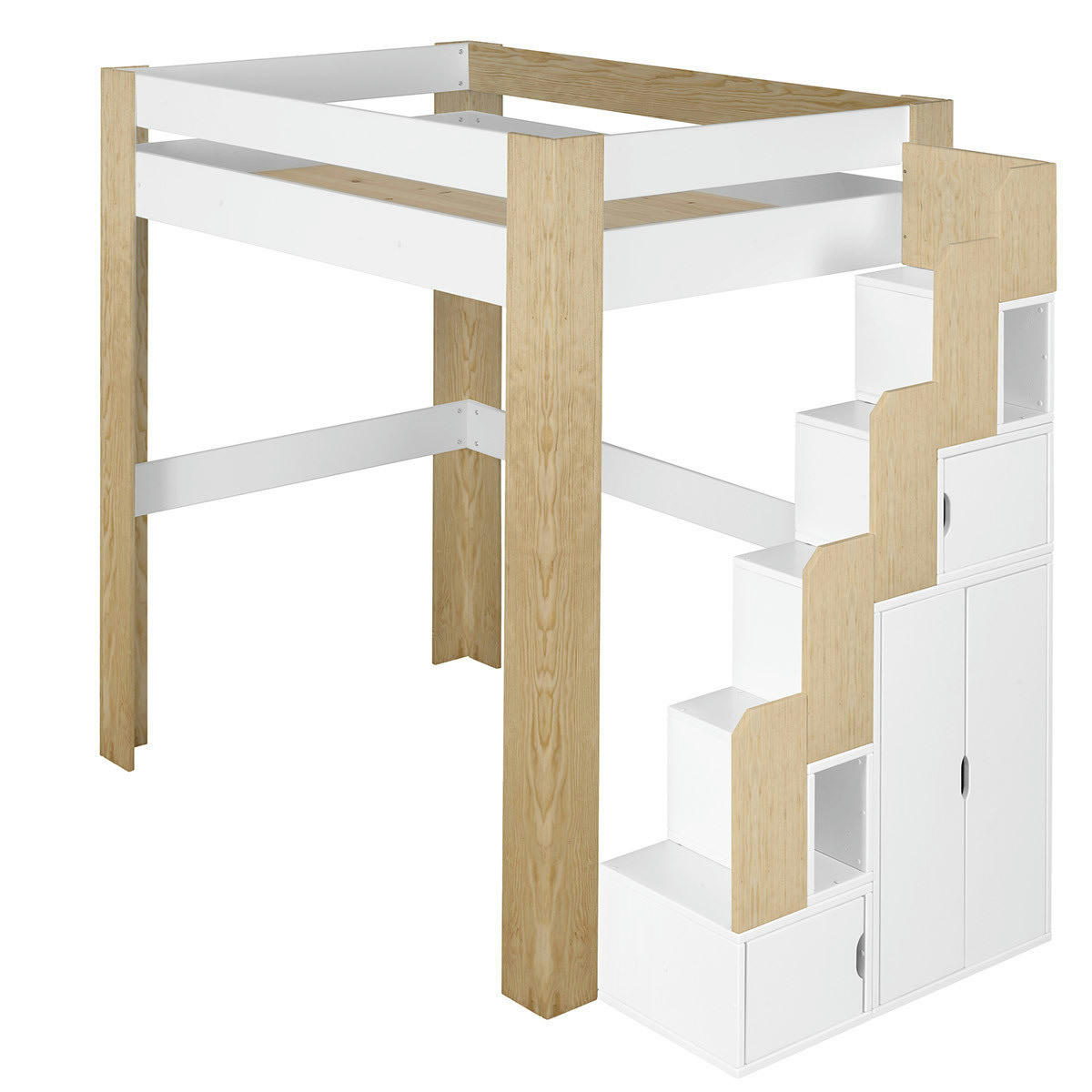 ALEX - Lit mezzanine escalier 90x190 cm bois massif blanc et bois