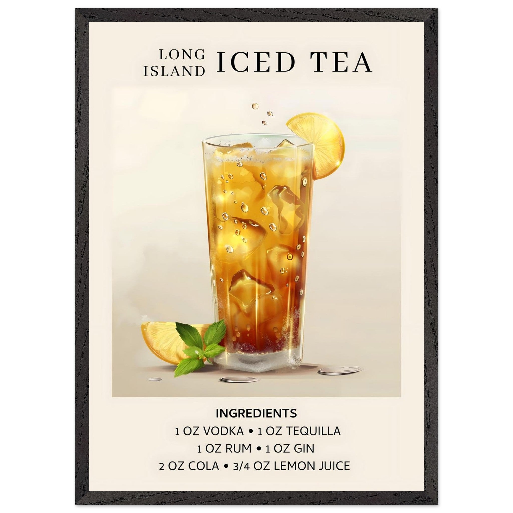 Artfulprints Poster met Lijst Long Island Iced Tea cocktail - Ingrediënten  - 50x70 cm - Grijs