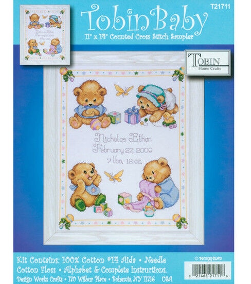 Tobin 11 x 14 Baby Bears Birth Record Counted Cross Stitch Kit
