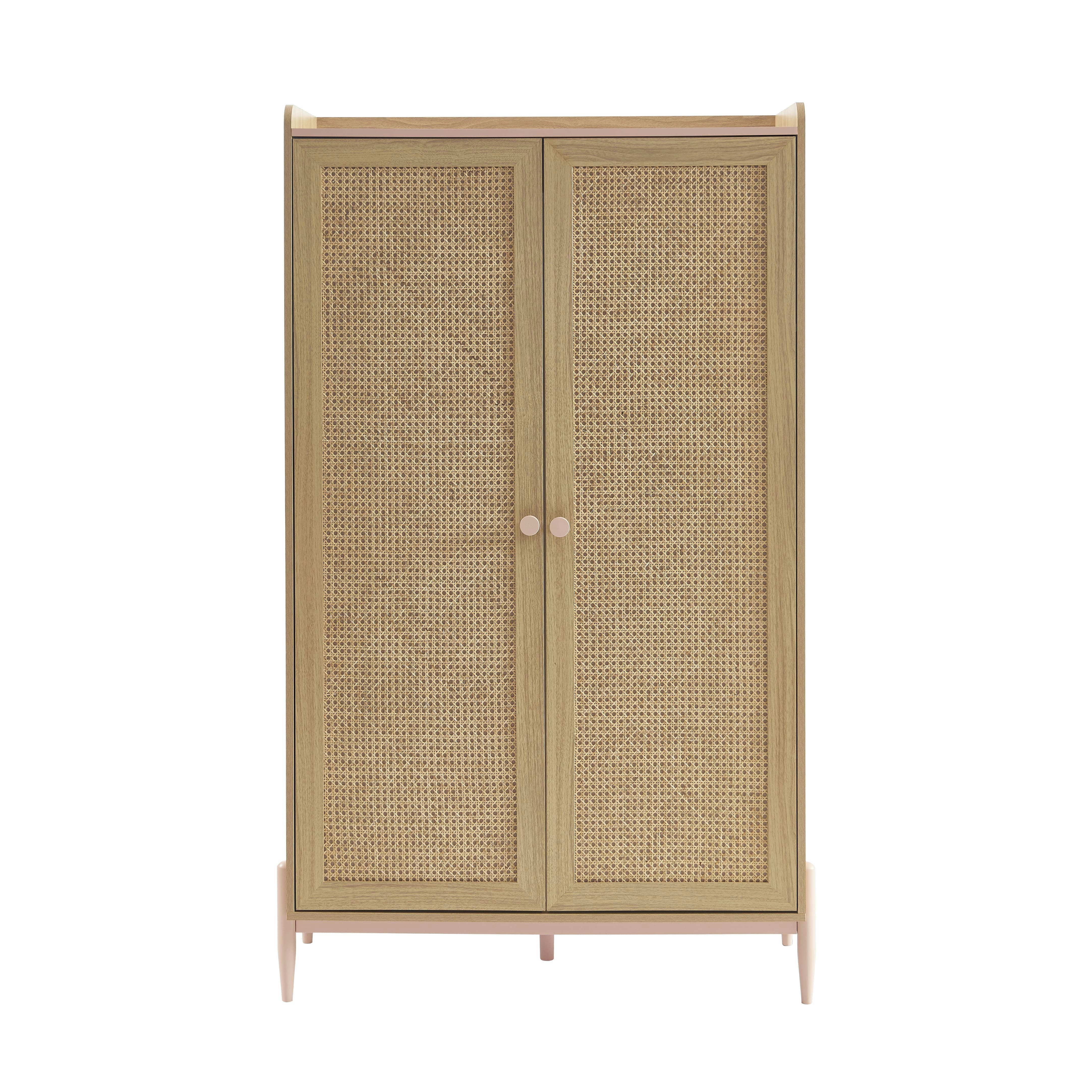 PABLO - Armoire  rose et cannage rotin 2 portes