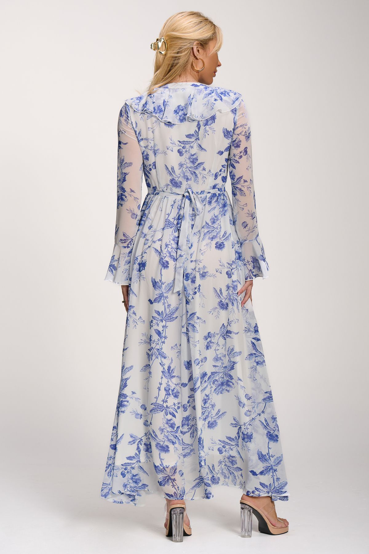 Jolie Moi Long Sleeve Chiffon Ruffle Maxi Dress