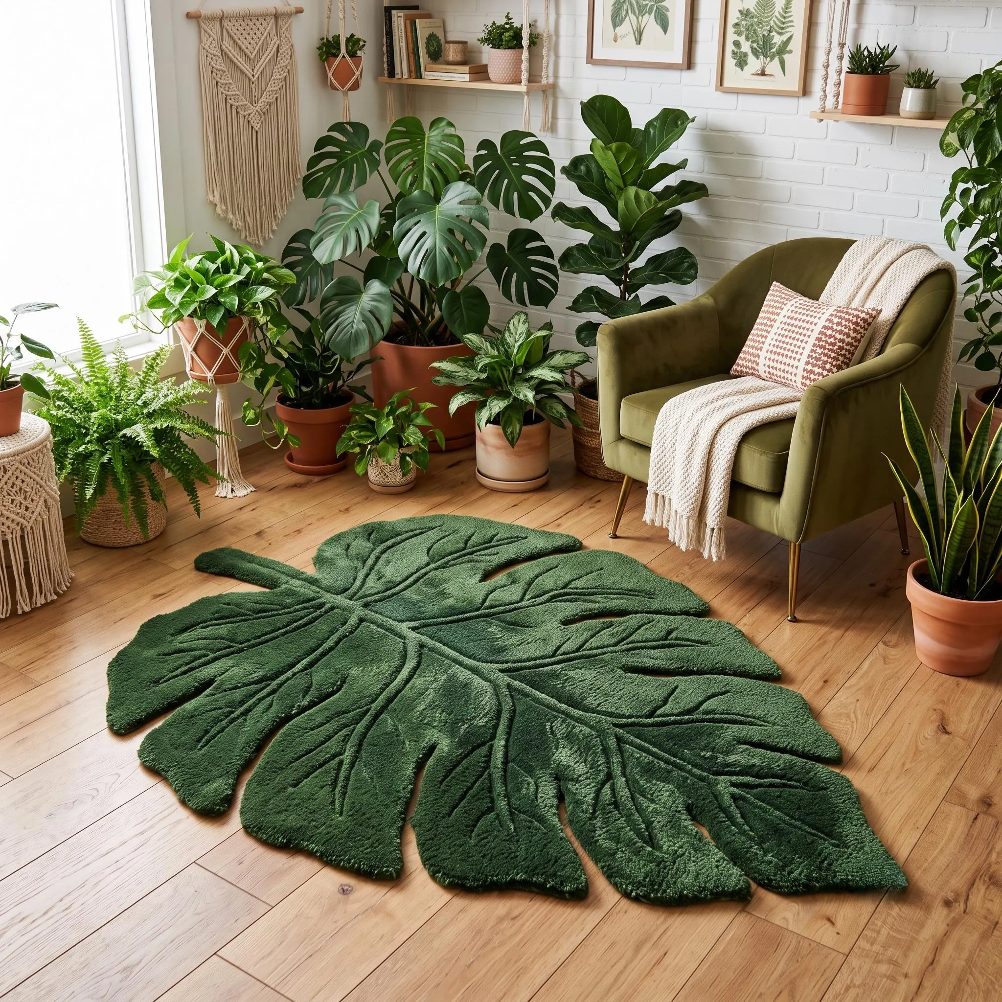 Monstera Leaf Rug Hand Tufted Green Wool Carpet for Boho Living Room Plant Lover Decor