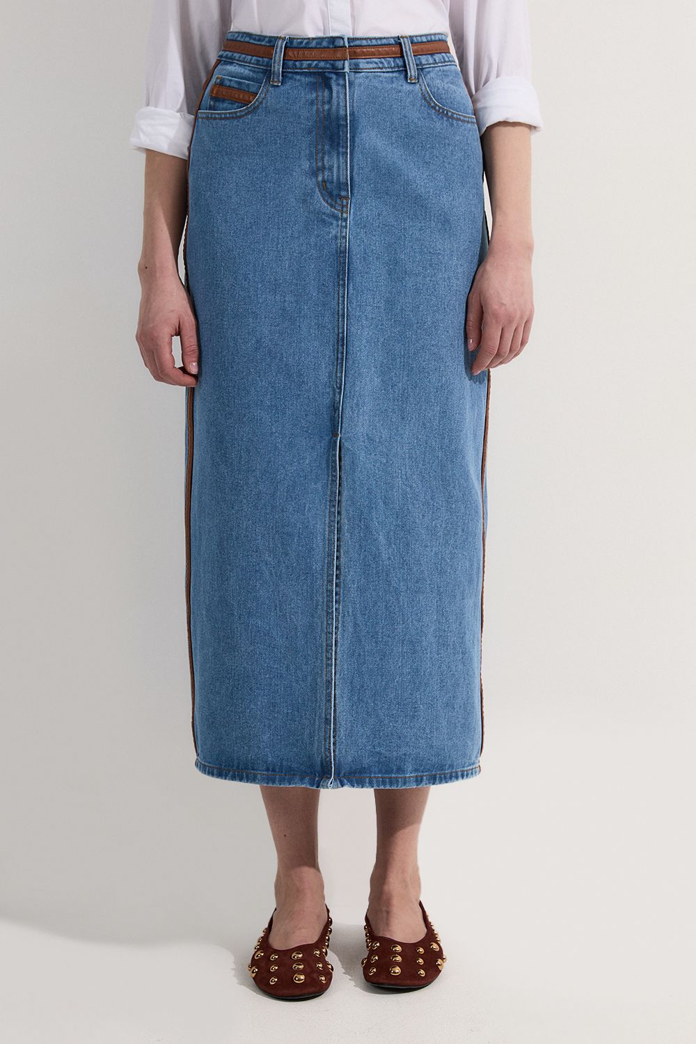 KarenMillen Denim & Faux Leather Tipped Side Pencil Midi Skirt