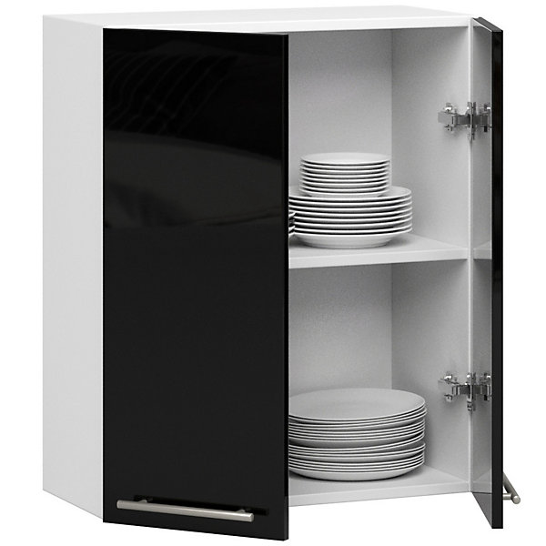Meuble de cuisine suspendue : 2 portes, 2 étagères, blanc / noir brillant, 60 x 72 x 30 cm