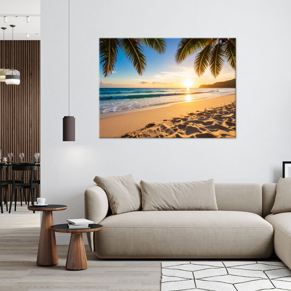 Obraz do salonu sypialni biura, Zachód słońca Plaża Palmy 30x20