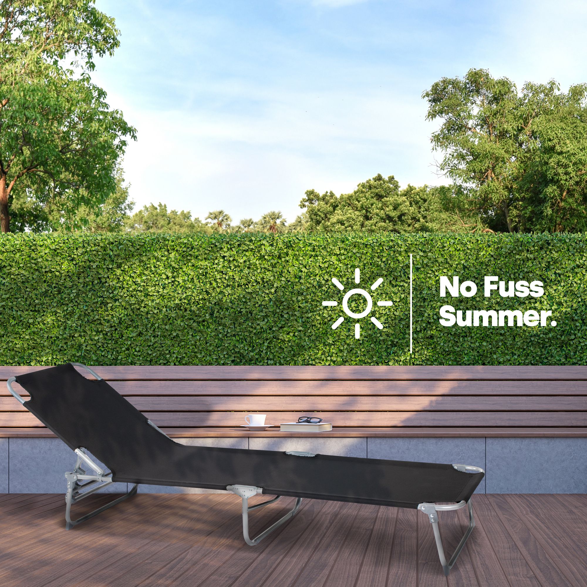 LIVIVO Folding Sun Lounger Black Reclining Garden Sunbed Chair with Steel Frame PVC Fabric Outdoor Lounge Chair