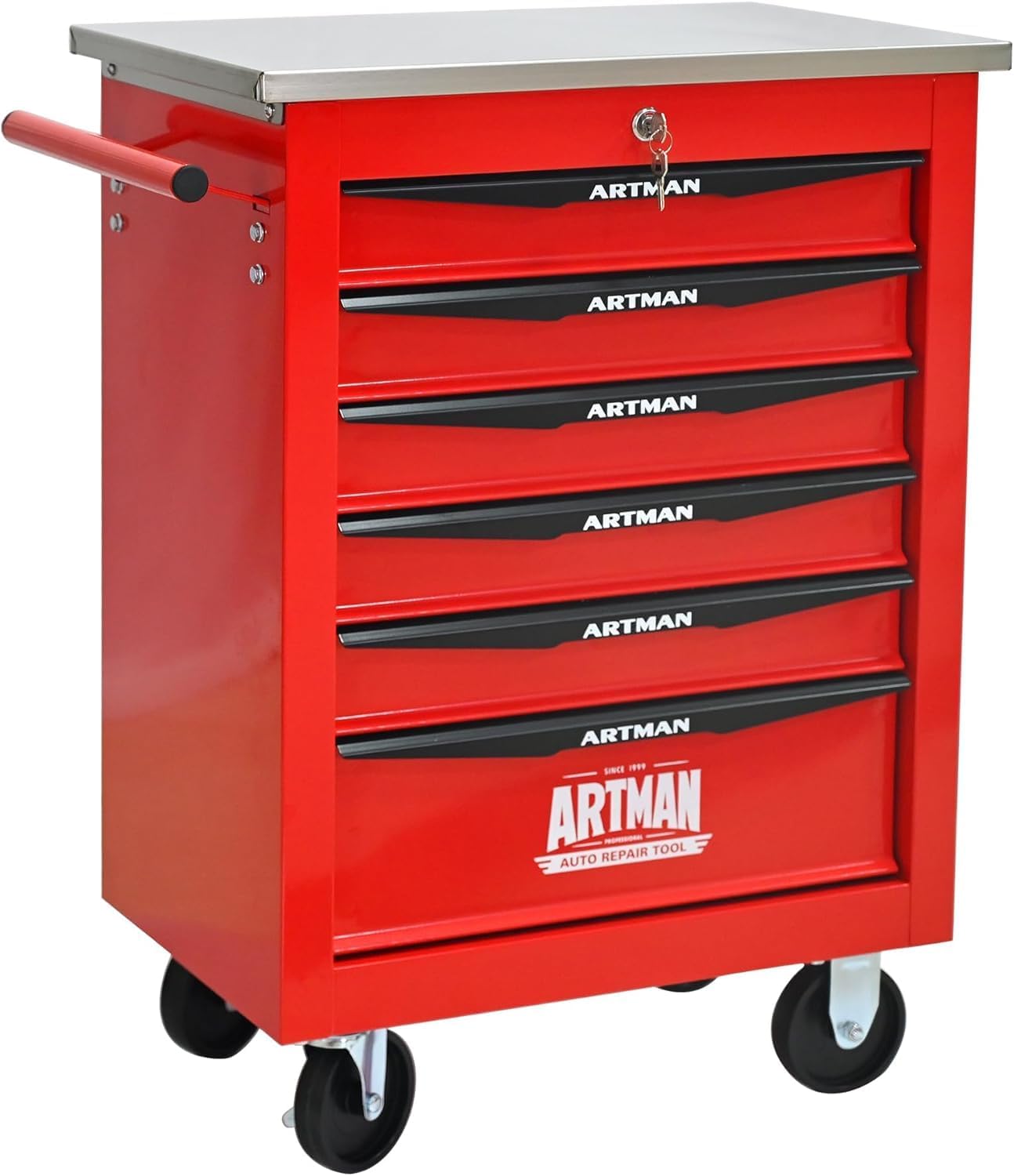 6-Drawer Rolling Tool Chest with Stainless Steel Countertop,Tool Chest with Secure Locking System,Mobile Storage Tool Cabinet with 360°Wheels and Padded Feet,for Home,Garage (Red)