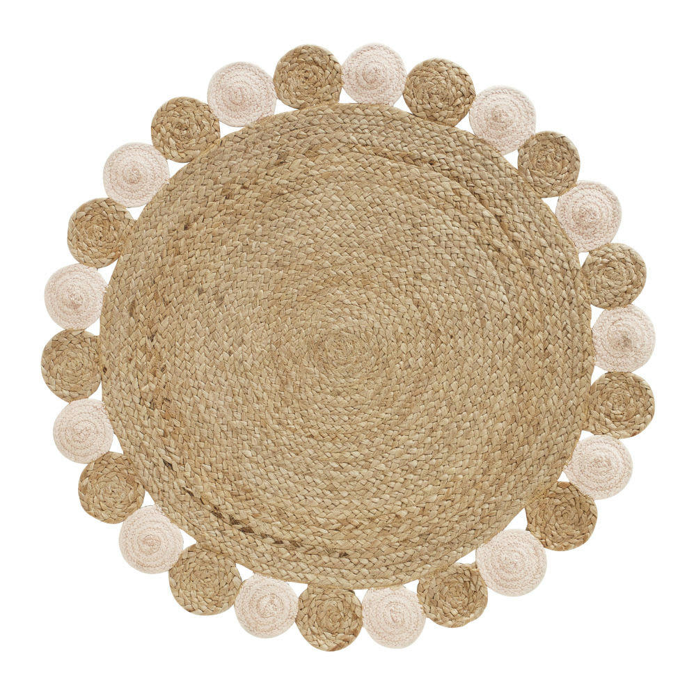 SUZON - Tapis rond en jute et coton rose et beige D100