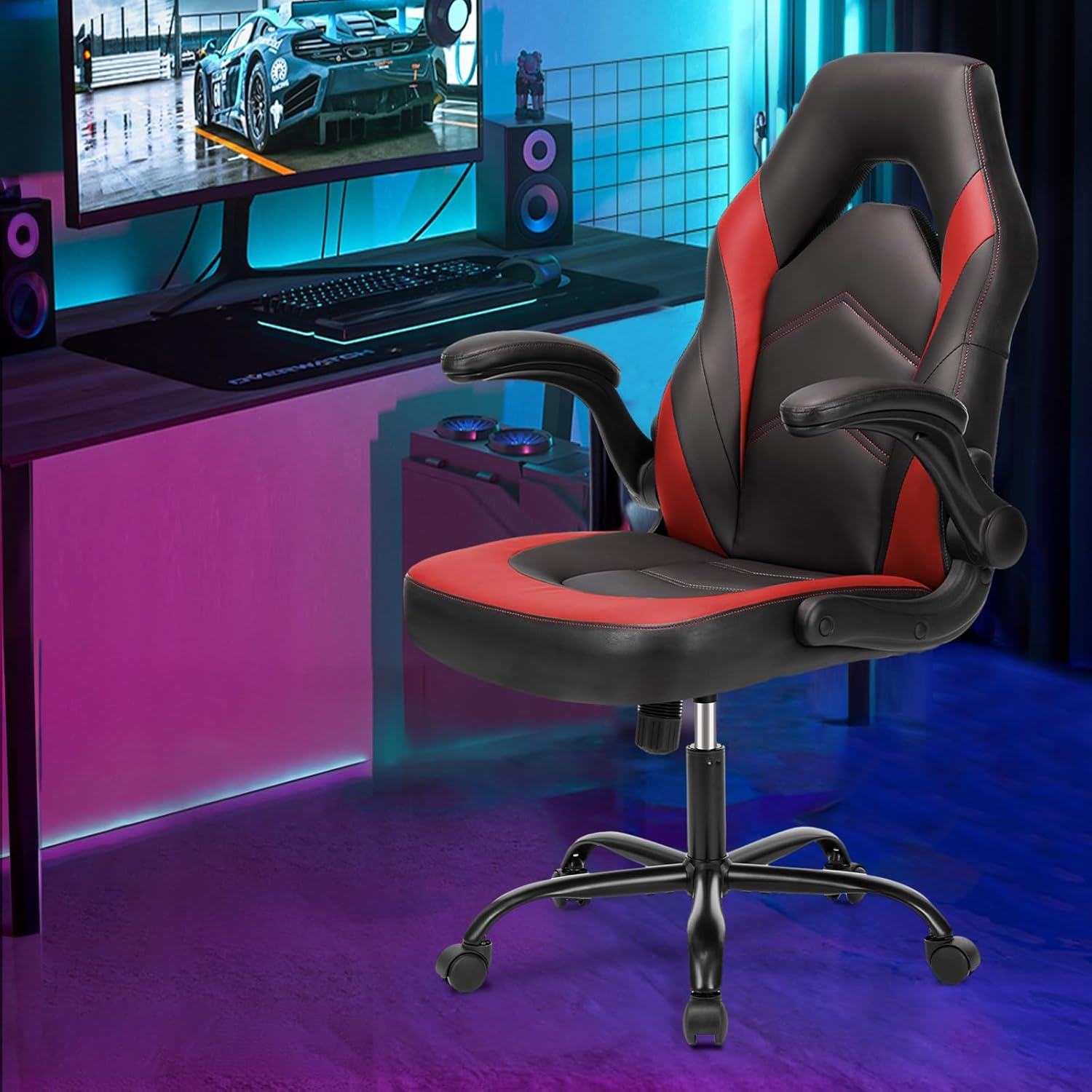 Sweetcrispy Computer Gaming Chair - PU Leather Ergonomic Lumbar Support with Flip-up Armrest and 360° Swivel Wheels, Height Adjustable Task Home Office Desk Video Racing, Red