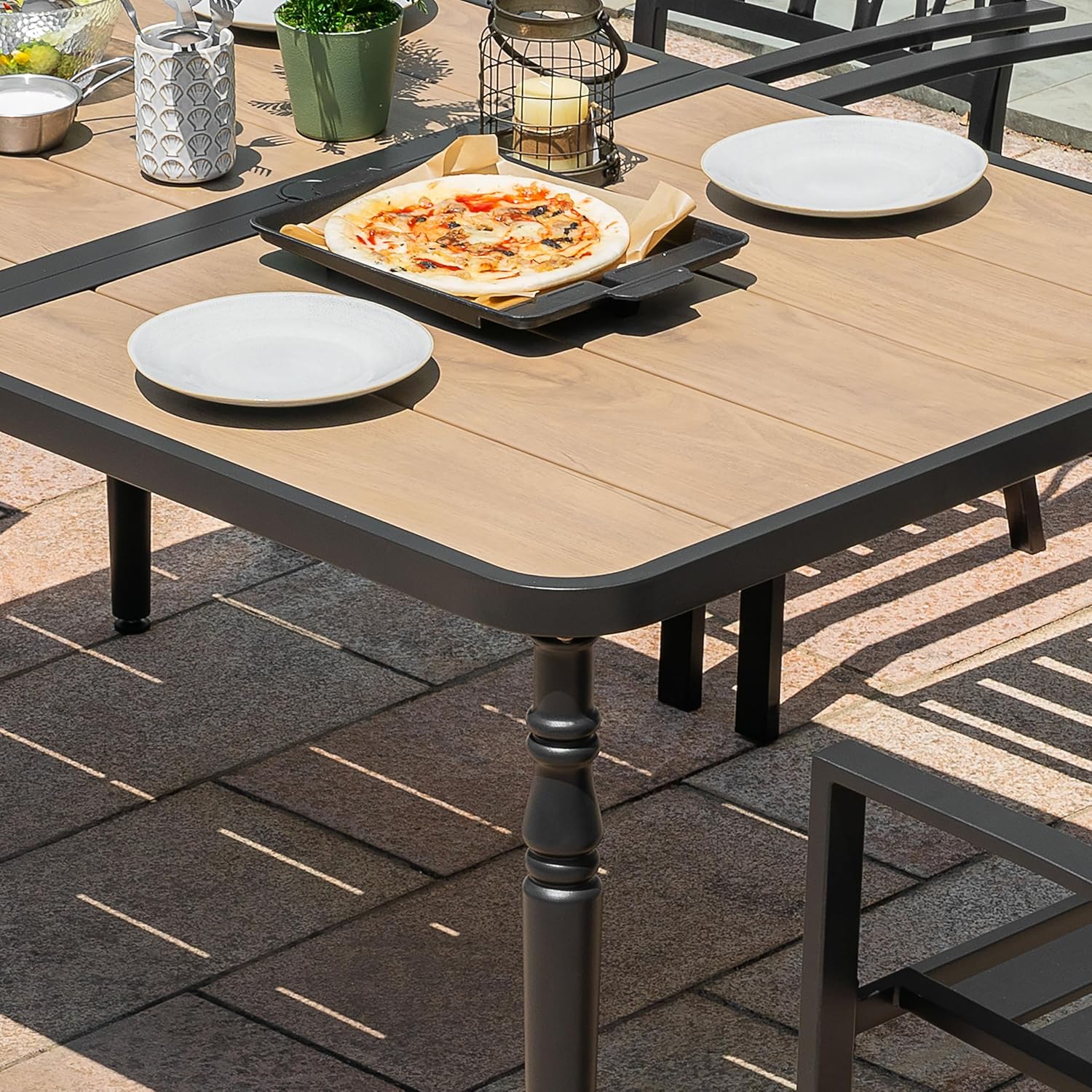 NUU GARDEN 37 Square Outdoor Dining Table, Metal Dining Table with Umbrella Hole, Wood-Grain Tabletop, Weather-Resistant for Garden, Backyard, Deck, Lawn