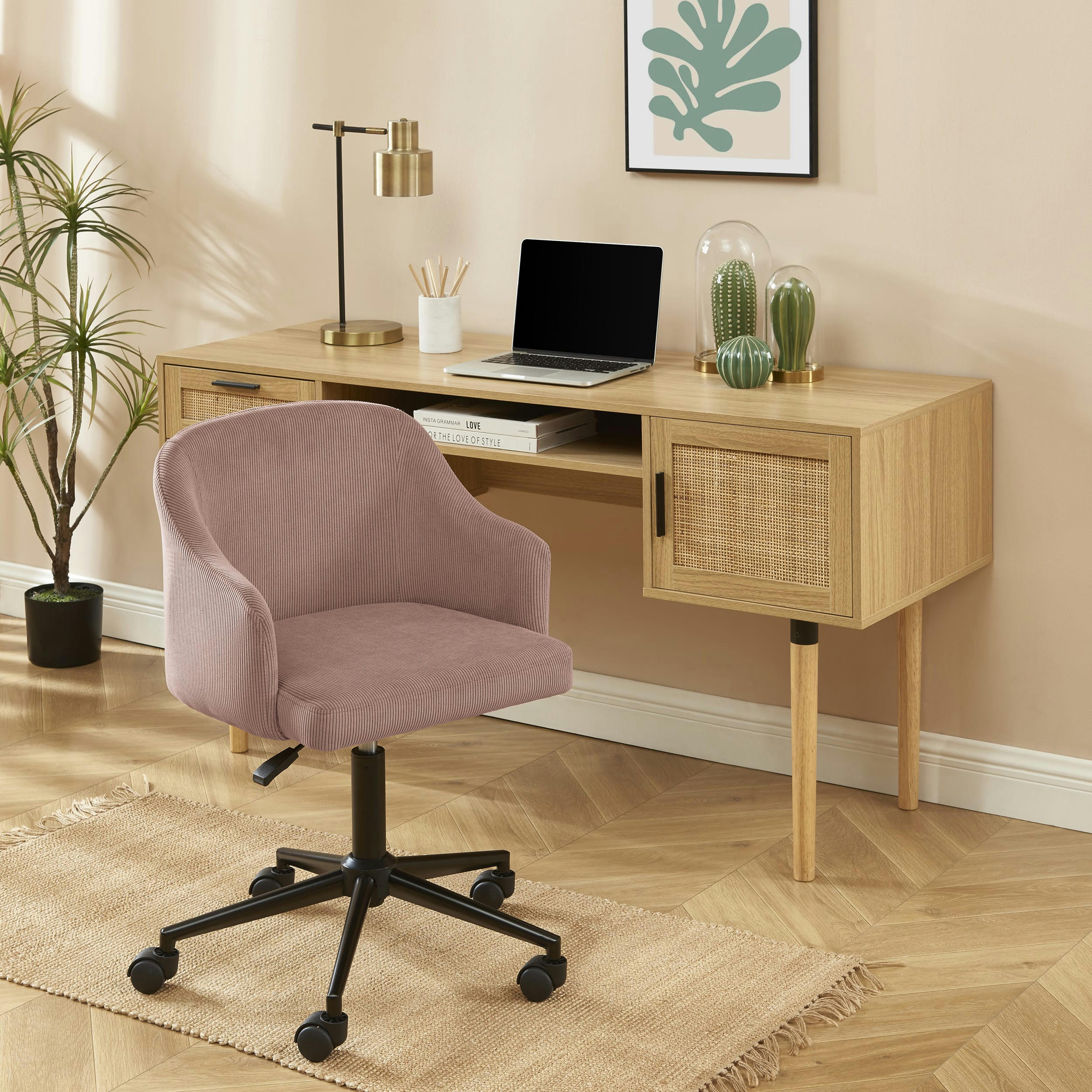 BARNABE - Fauteuil de bureau  en velours côtelé vieux rose