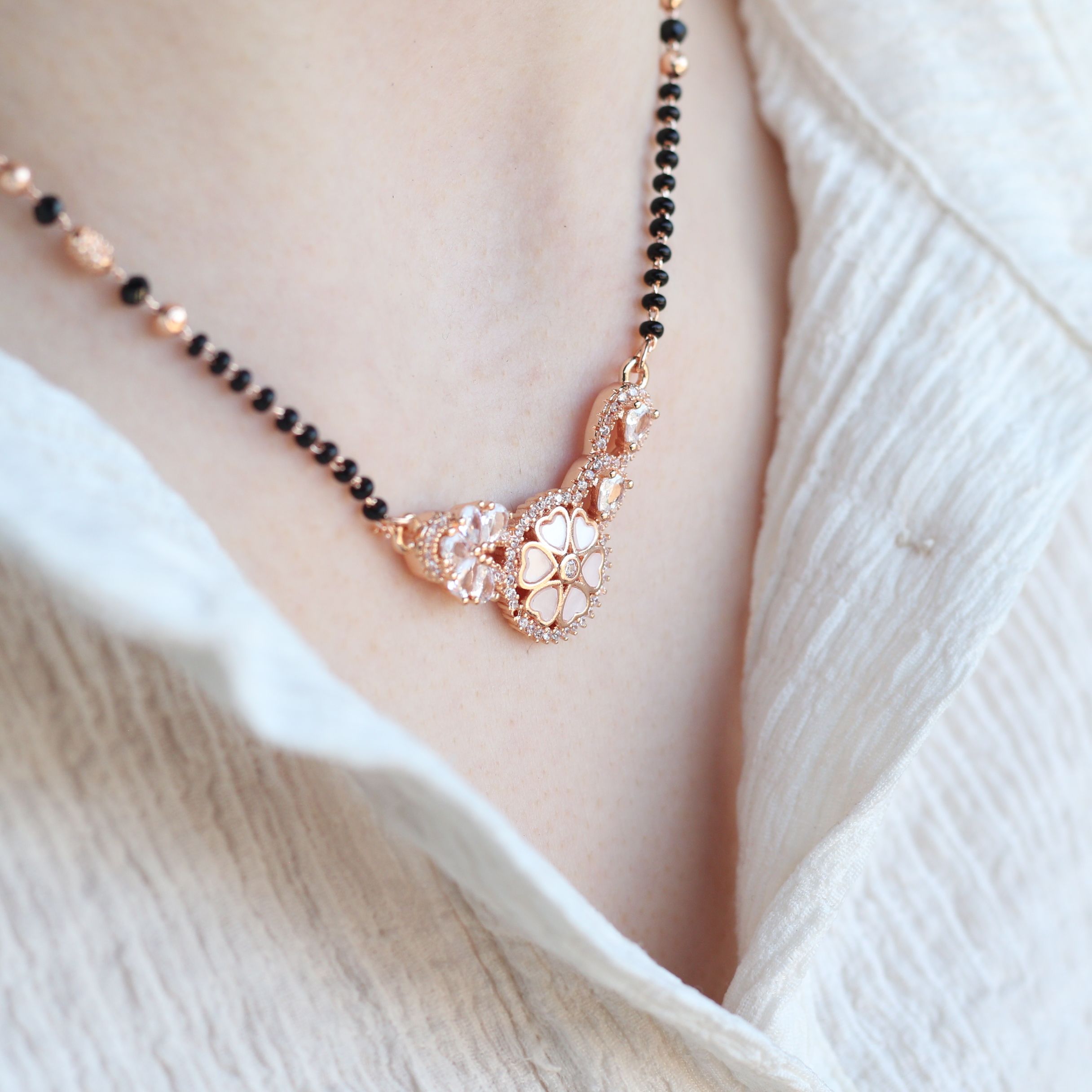 The Colourful Aura Indian Nazarian Floral Rose Gold Zircon Mangalsutra Black Beads Necklace
