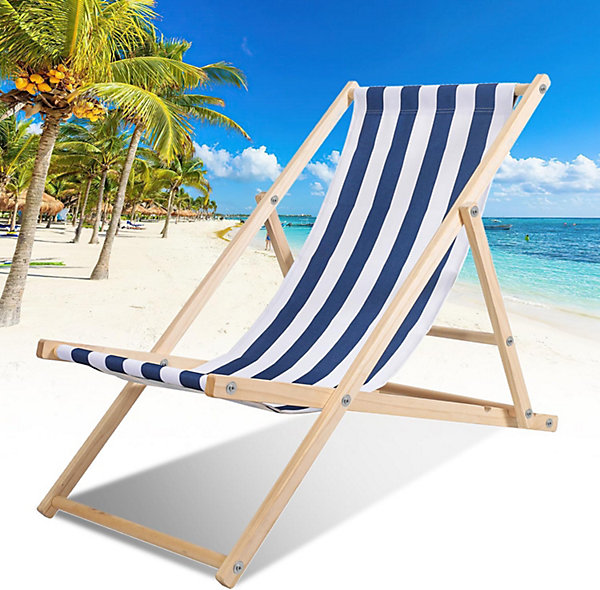 Chaise longue pliante en bois bleu et blanc - Charge maximale : 120 kg - Réglable - Résistante aux intempéries