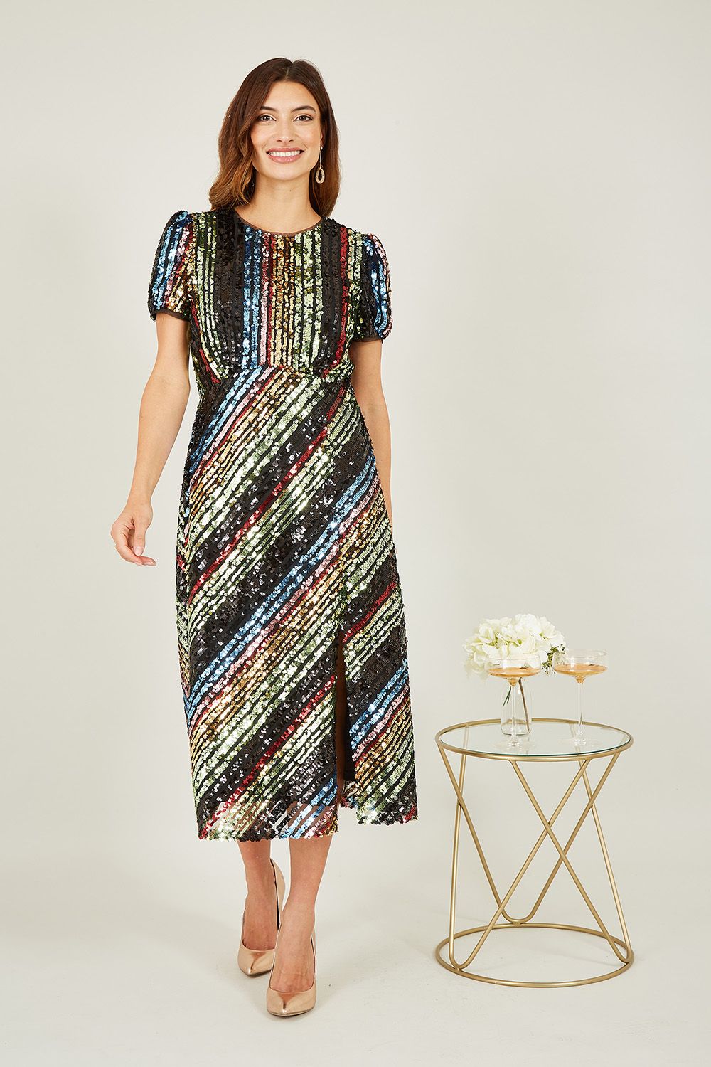 Yumi Multicolour Rainbow Stripe Sequin Midi Dress