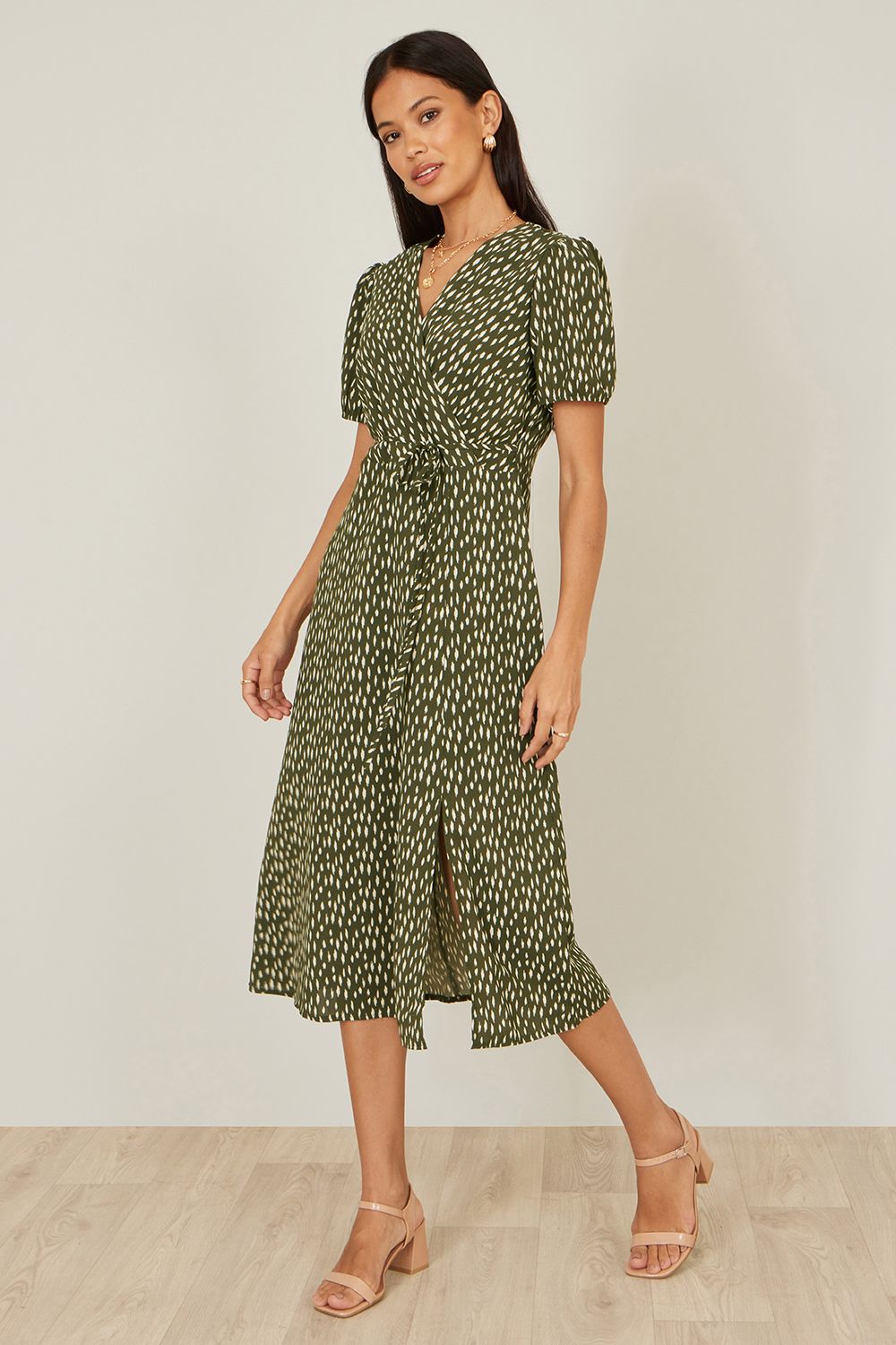Yumi Green Spot Wrap Midi Tea Dress