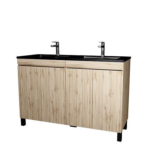 Ensemble sous vasque à poser effet chêne naturel 4 portes   vasque double noire, l.120 cm, Galedo Timber
