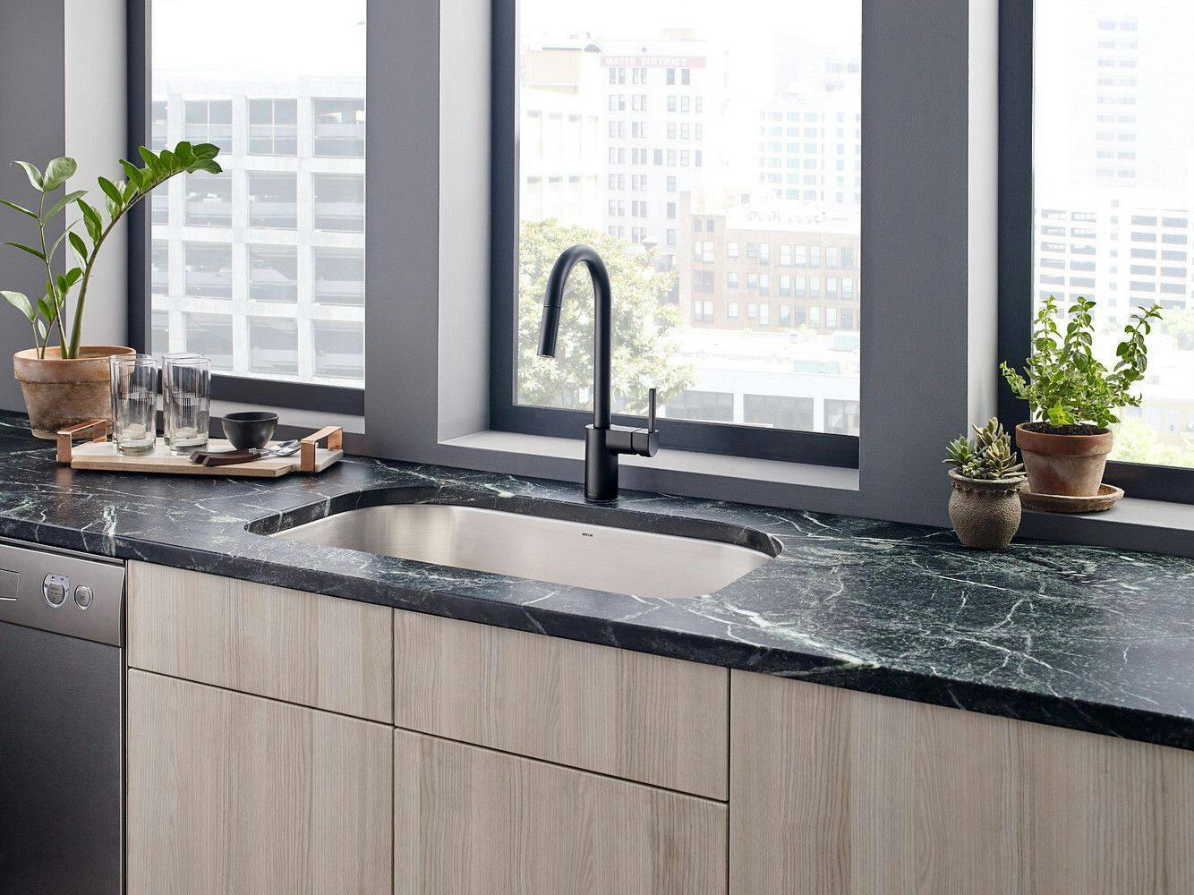 Moen® Align Single Handle High Arc Modern Pull Down Sprayer Kitchen Faucet with Power Clean, Matte Black