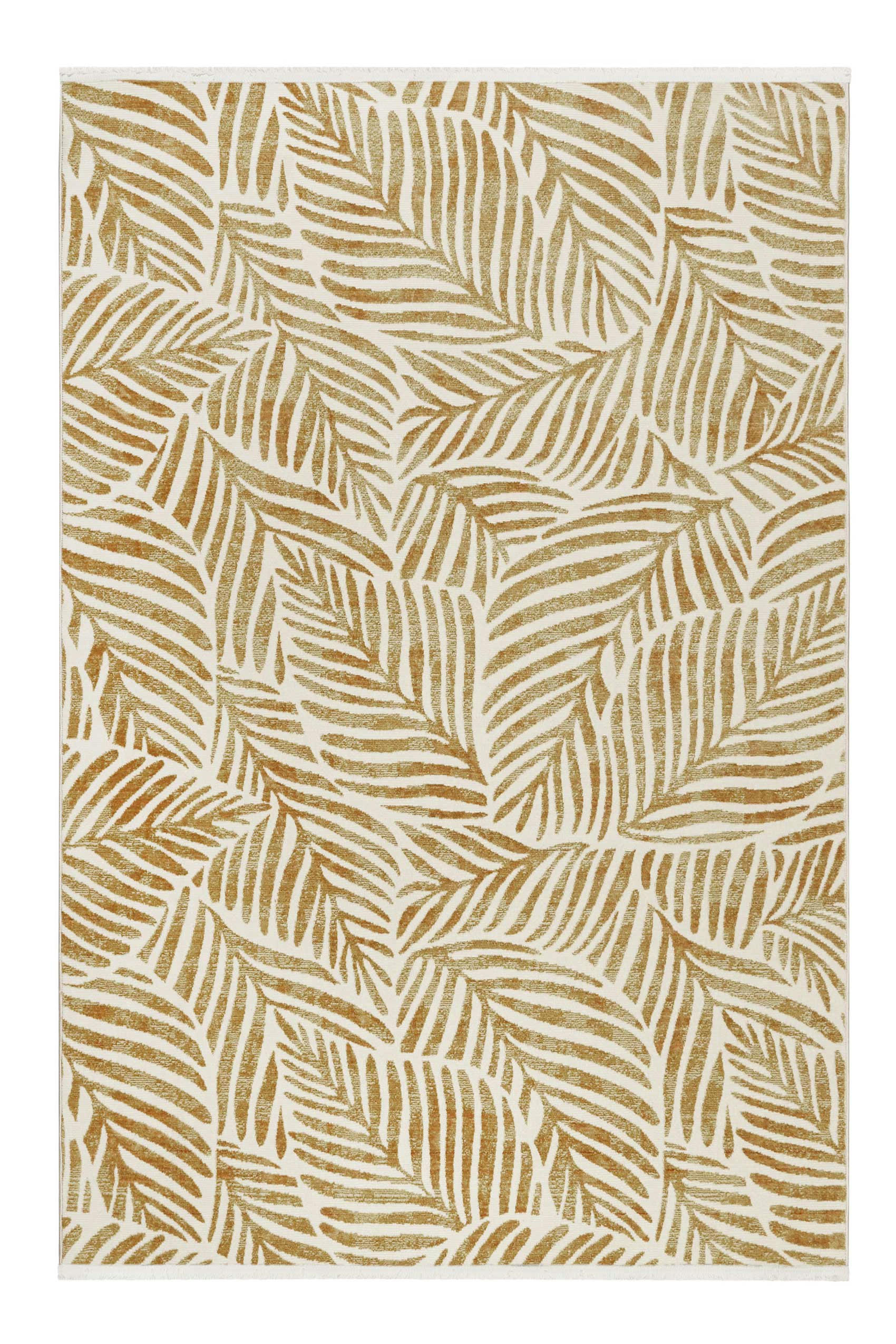 VICTORIA - Tapis tissé plat thème feuillage doré fond beige à franges 160x225