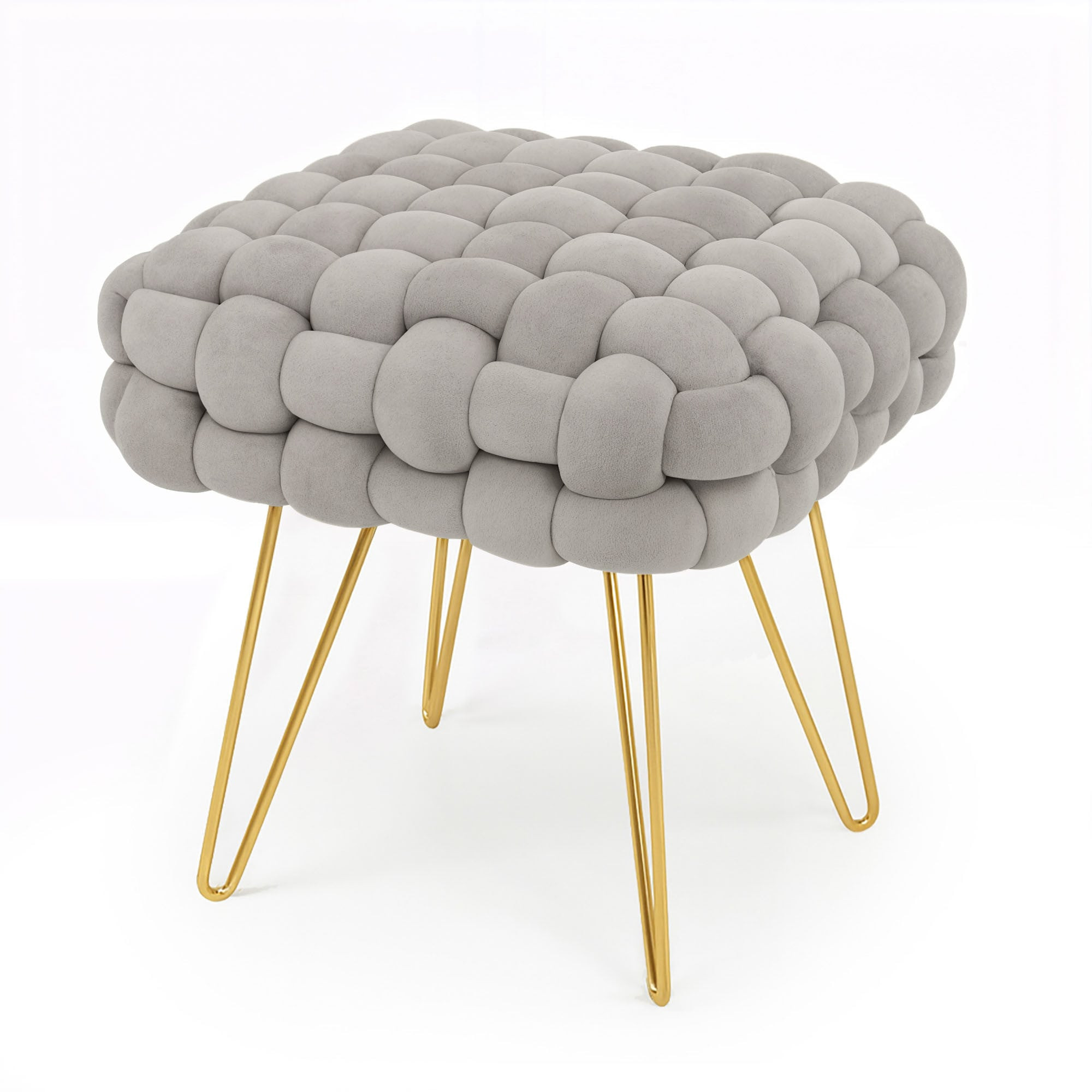 Pufa z plecioną tapicerką welurowa 38 cm DOTTY Jasny Szary