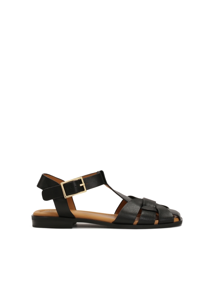 Black leather sandals with built-in front