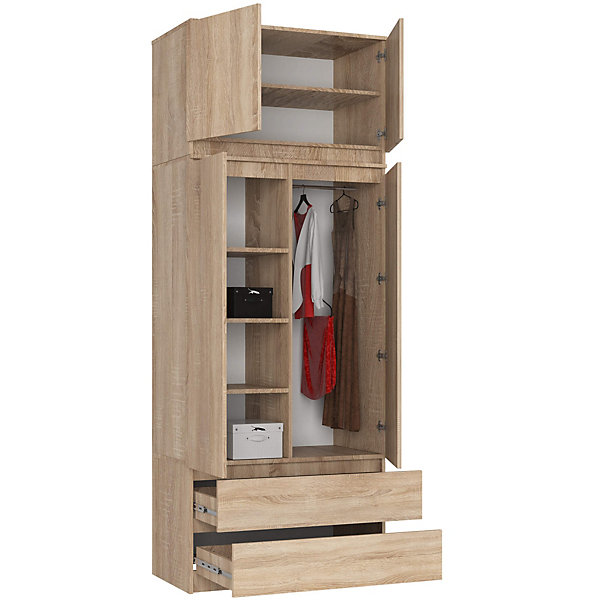 Armoire avec surmeuble AKORD S90 Chêne Sonoma 90 cm 2 portes 2 tiroirs façade Chêne Sonoma 6 étagères 90x51x234 cm