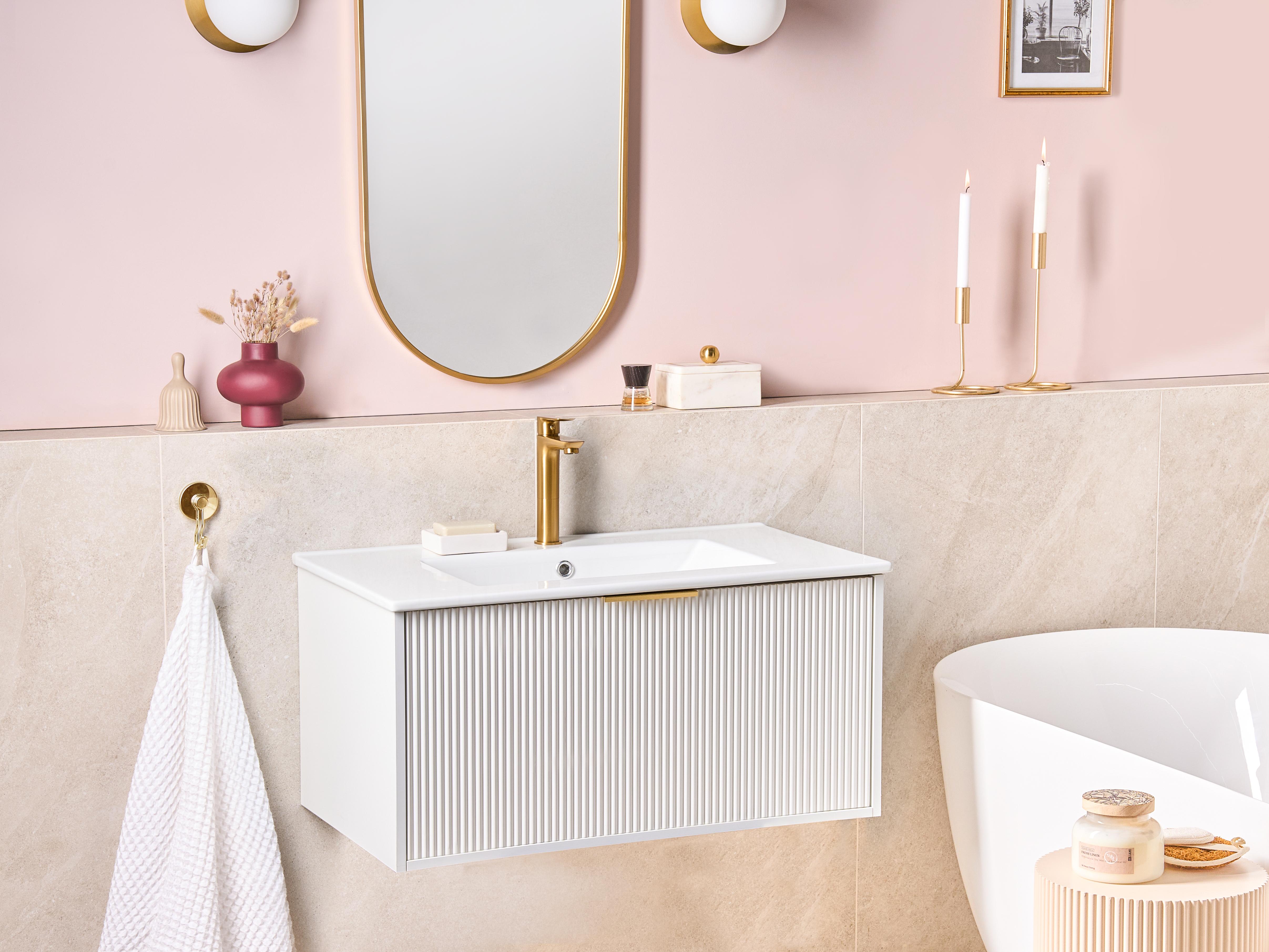 Wall Mounted Vanity Unit with Basin with Gold Handle TILCARA White