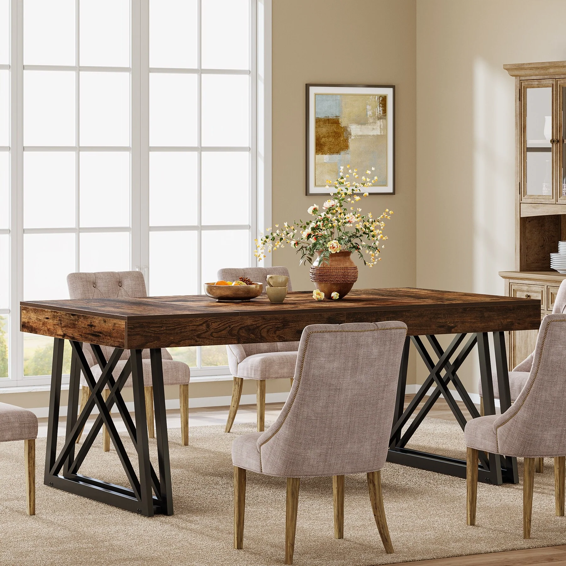 63-Inch Dining Table for 4-6, Farmhouse Kitchen Table with Sturdy Metal Legs