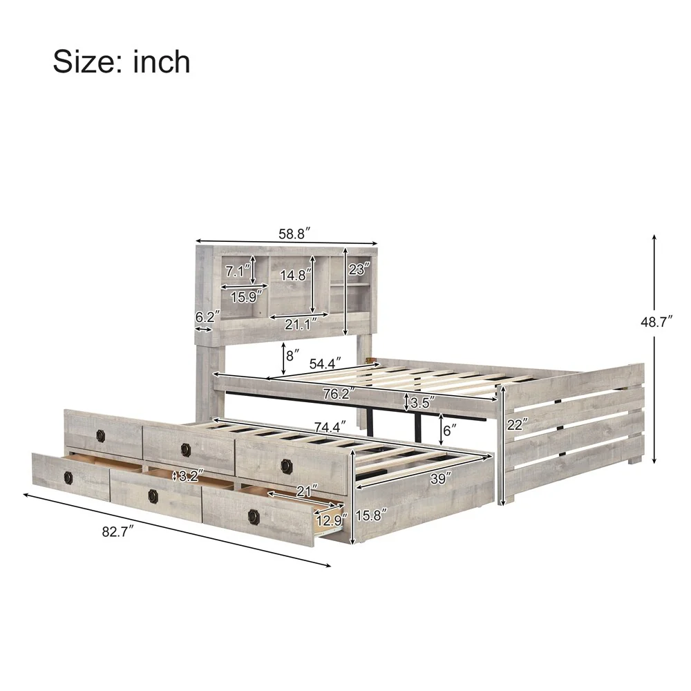 2 Pieces Bedroom Sets Full Size Bookcase Captain Bed and Nightstand