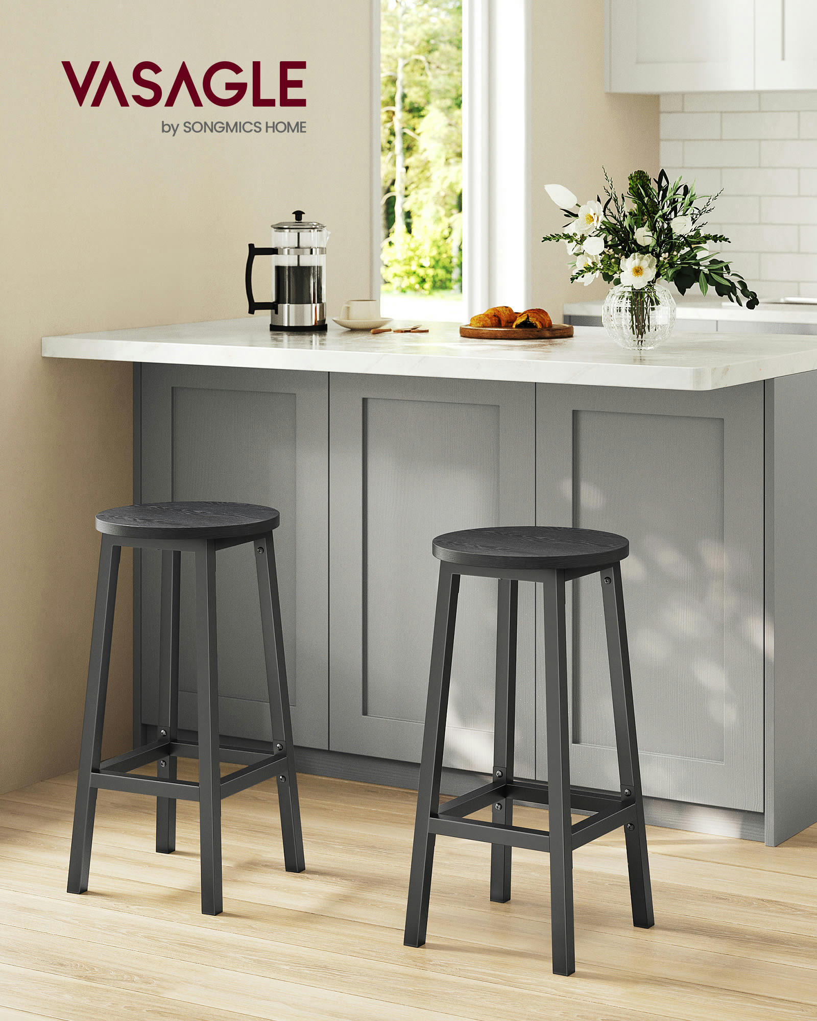 - Tabourets de bar rond avec repose-pieds effet bois noir