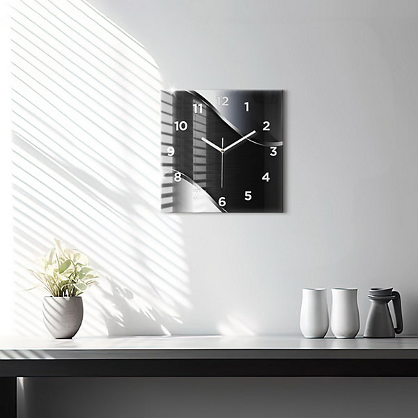 Horloge murale Wallfluent 30x30 cm Avec chiffres Aiguilles blanches Lignes noires et argentées 1 pcs