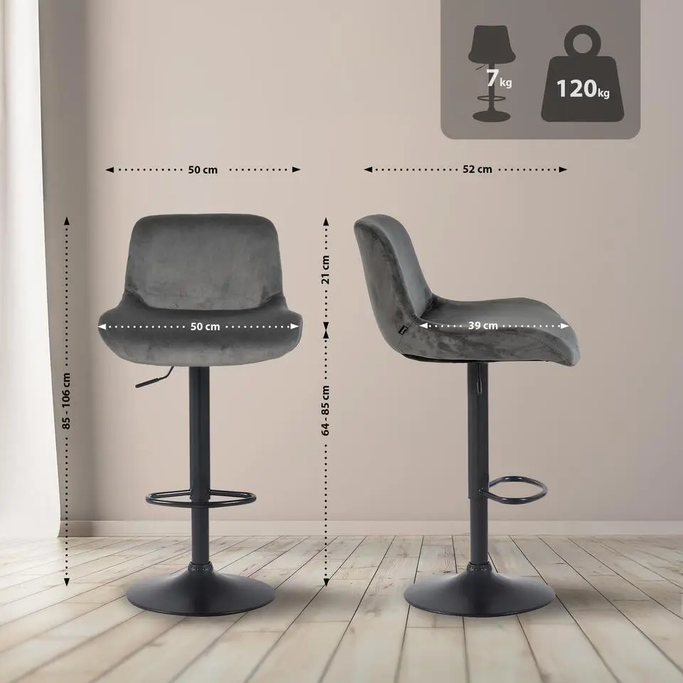 CLP Set van 2 Barkruk Solon mat zwart Frame - Fluweel - donkergrijs