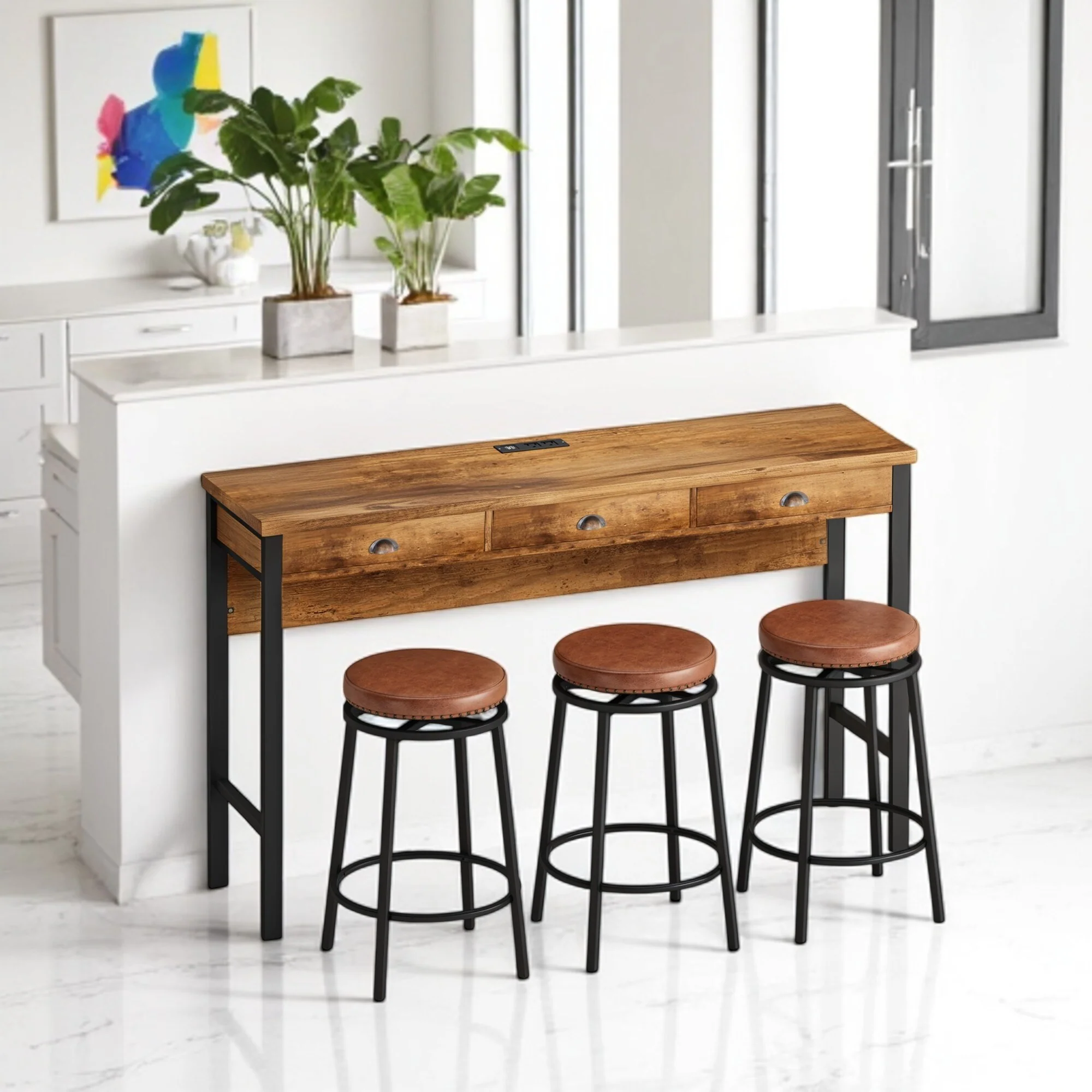 3-Drawer Dining Table Set with Power Outlets and 3 Swivel PU Stools, Table with Storage and Charging Station for Dining Room