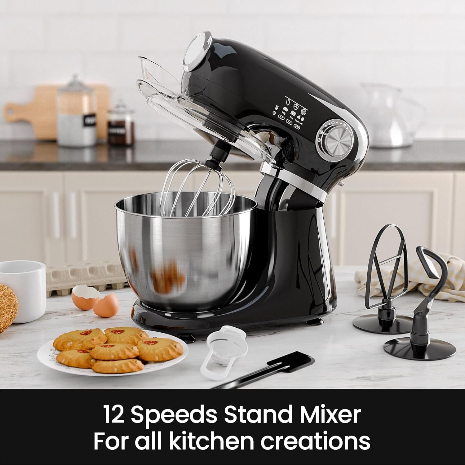 Kismile 5.5QT Tilt-Head Stand Mixer, 12-Speed Electric Mixer with 304 Stainless Steel Bowl - Includes Whisk, Dough Hook, Beater for Baking Bread, Cakes, Cookies (Light Black)