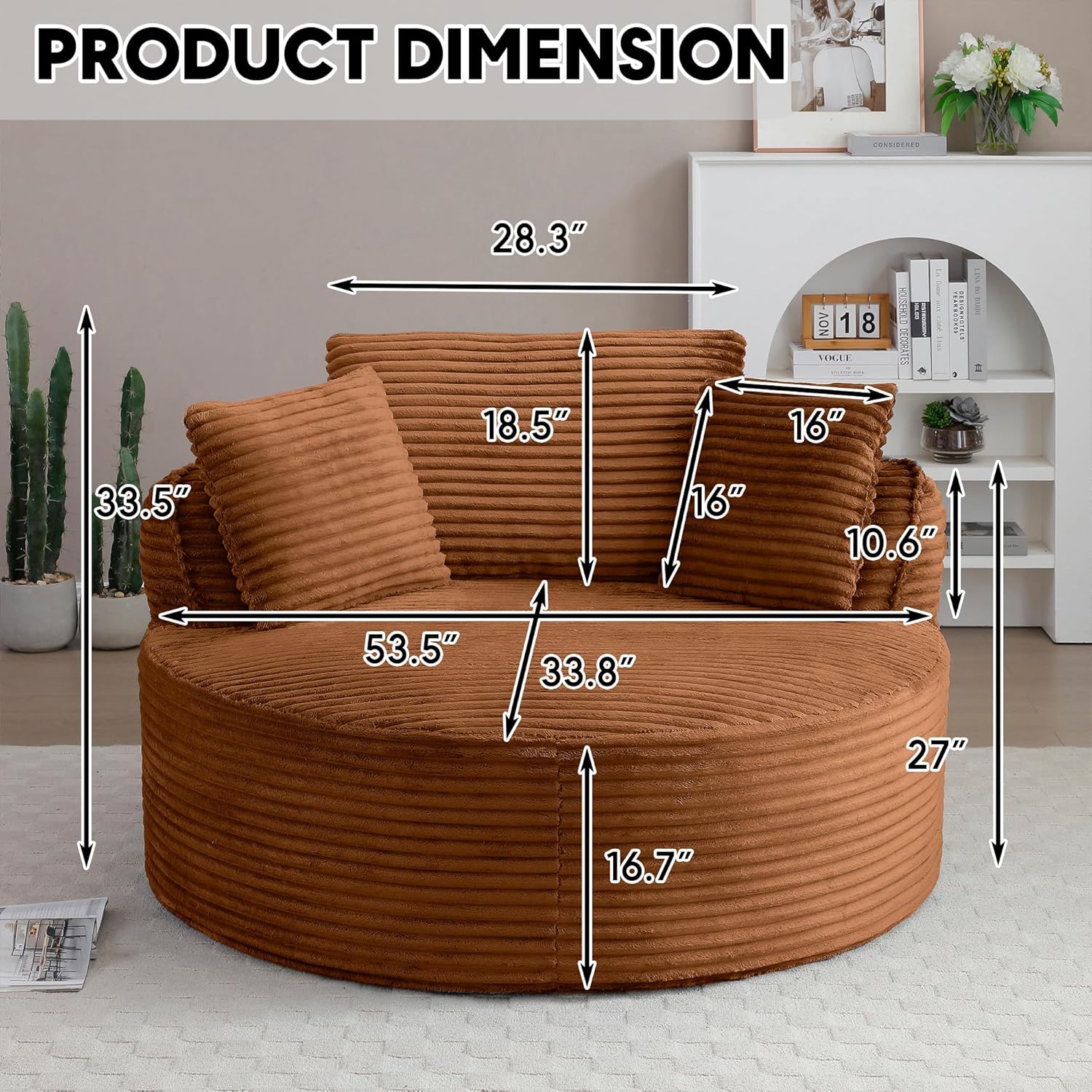 Oversized Round Chair Lounge Chaise Indoor, 53.5 Upholstered Corduroy Deep Seat Single Cloud Sofa Chair, Fluffy Modern Large Circle Boneless Sleeper Sofa for Living Room, Bedroom, Orange