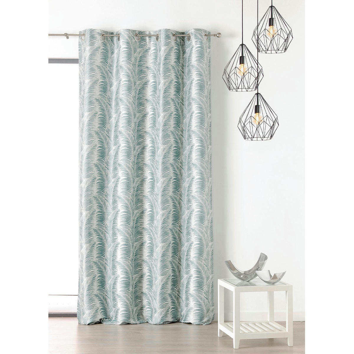 - Rideau à oeillets aux motifs palmes polyester bleu 145x250 cm
