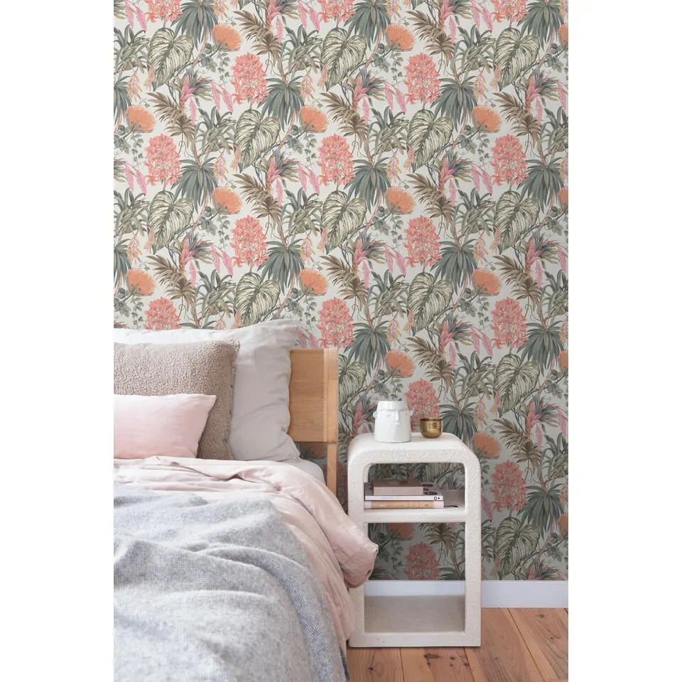 Sanders & Sanders behang tropische bladeren vergrijsd groen en oranje