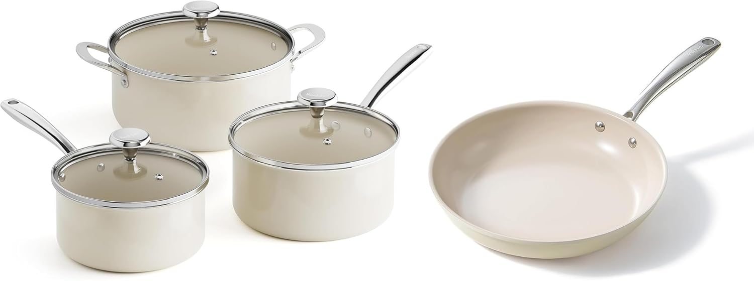 Redchef Cooking Pot Set Induction 5Qt, Saucepan Set 2.5/3.5Qt, 8 inch Nonstick Frying Pan, Stay-Cool Handles, Oven/Dishwasher Safe, PTFE PFAS Free (Beige)