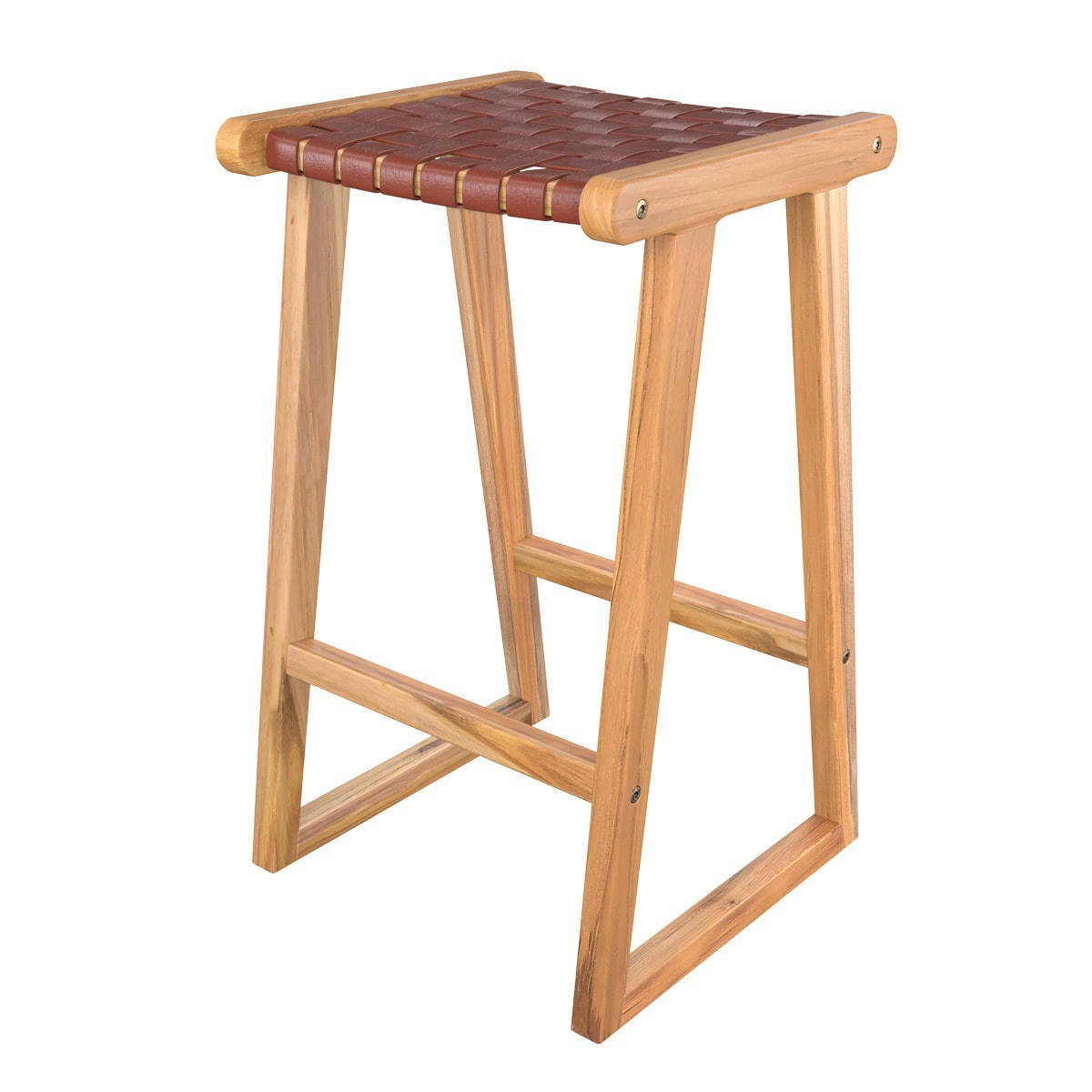 YUMA - Tabouret de bar mi-hauteur en teck et cuir tressé marron 67 cm