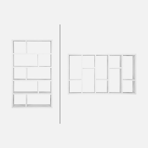 Etagère bibliothèque asymétrique 5 niveaux 10 compartiments. casiers. effet bois blanc. L 111.2 x P 39 x H 190cm