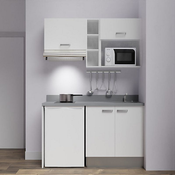 Kitchenette K13 - 140 cm - façades Blanc - Plan monobloc en quartz coloris Cromo évier à droite